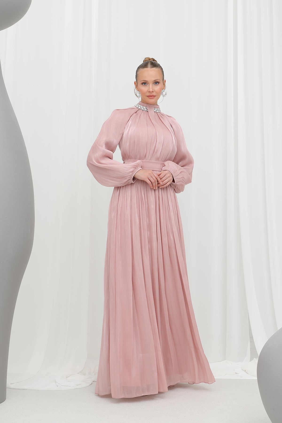 Kadın  Taş Detaylı Şifon Abiye Elbise -17001ELB