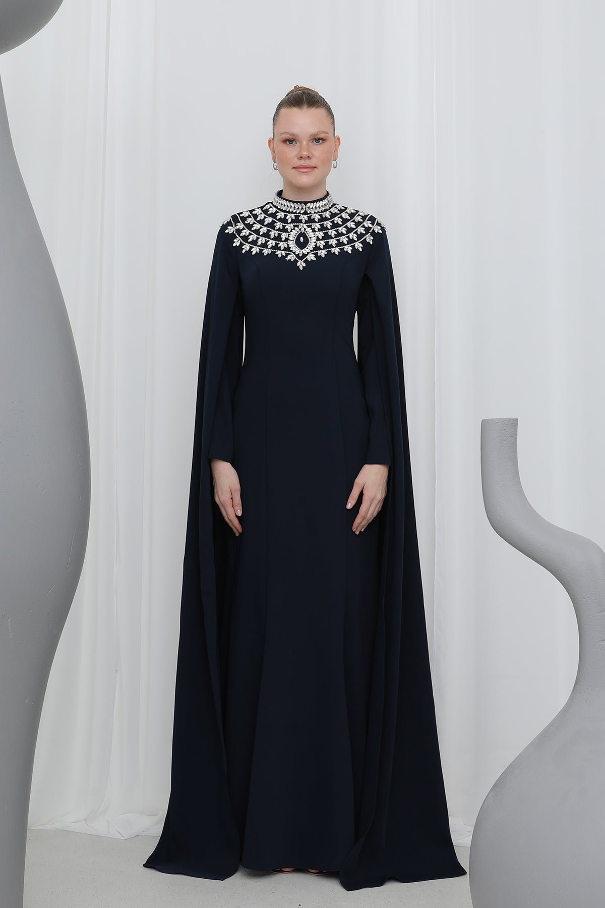 Kadın Taş İşlemeli Uzun Kollu  Abiye Elbise -17003ELB