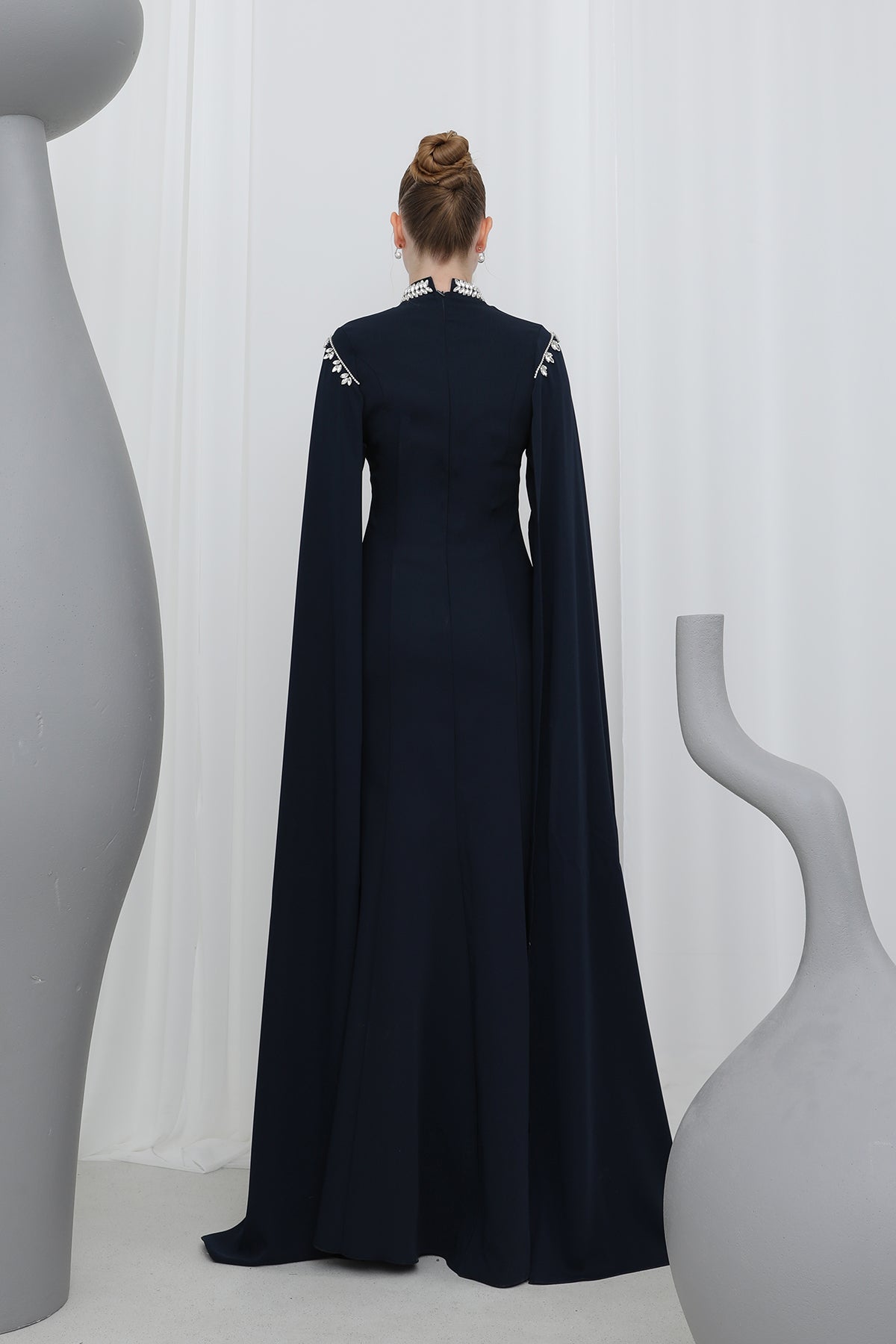 Kadın Taş İşlemeli Uzun Kollu  Abiye Elbise -17003ELB