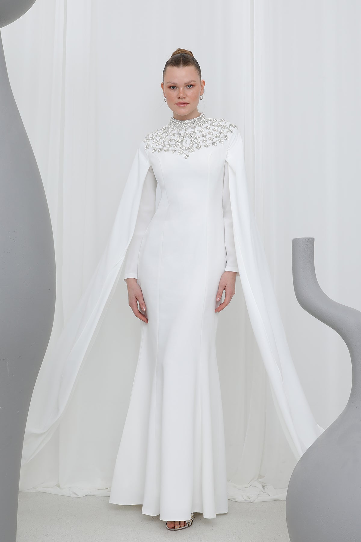 Kadın Taş İşlemeli Uzun Kollu  Abiye Elbise -17003ELB