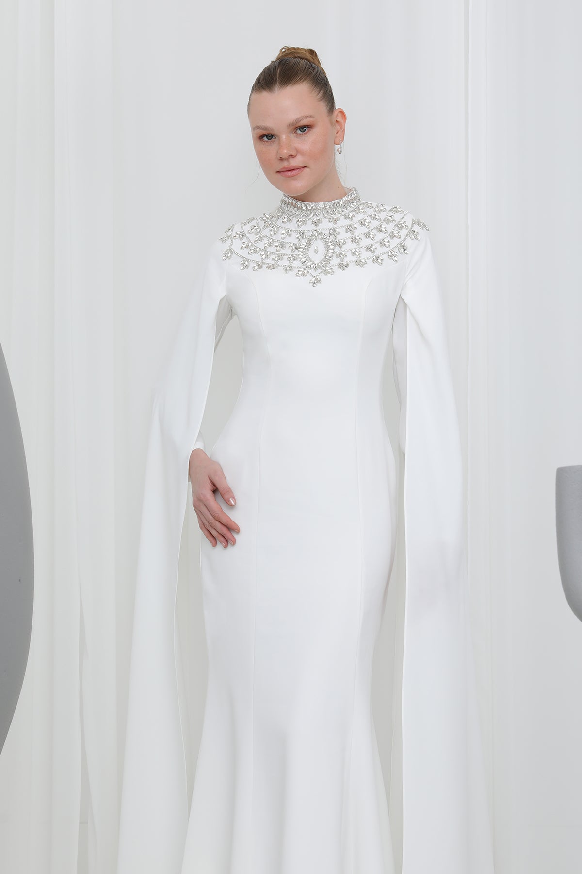 Kadın Taş İşlemeli Uzun Kollu  Abiye Elbise -17003ELB