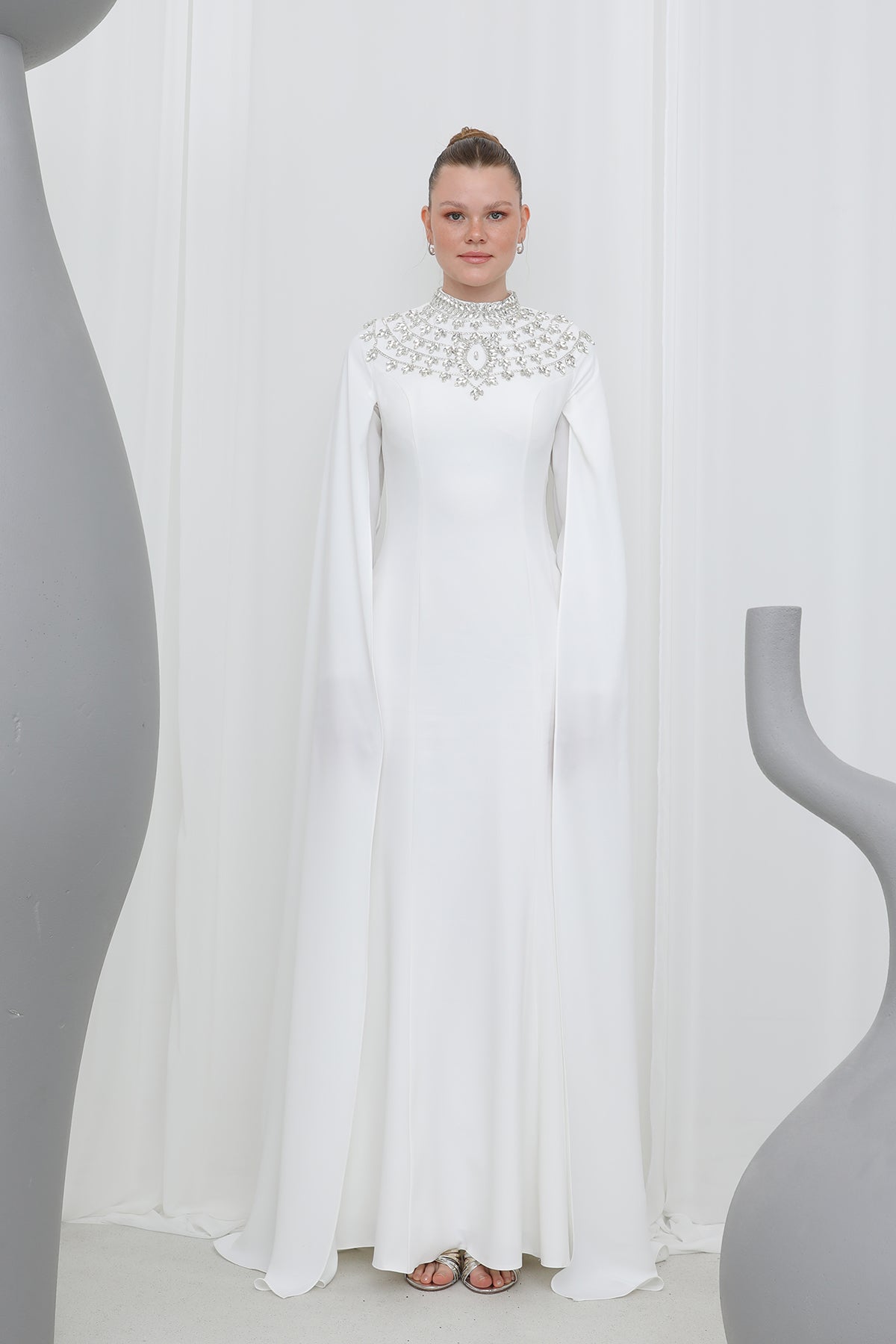 Kadın Taş İşlemeli Uzun Kollu  Abiye Elbise -17003ELB