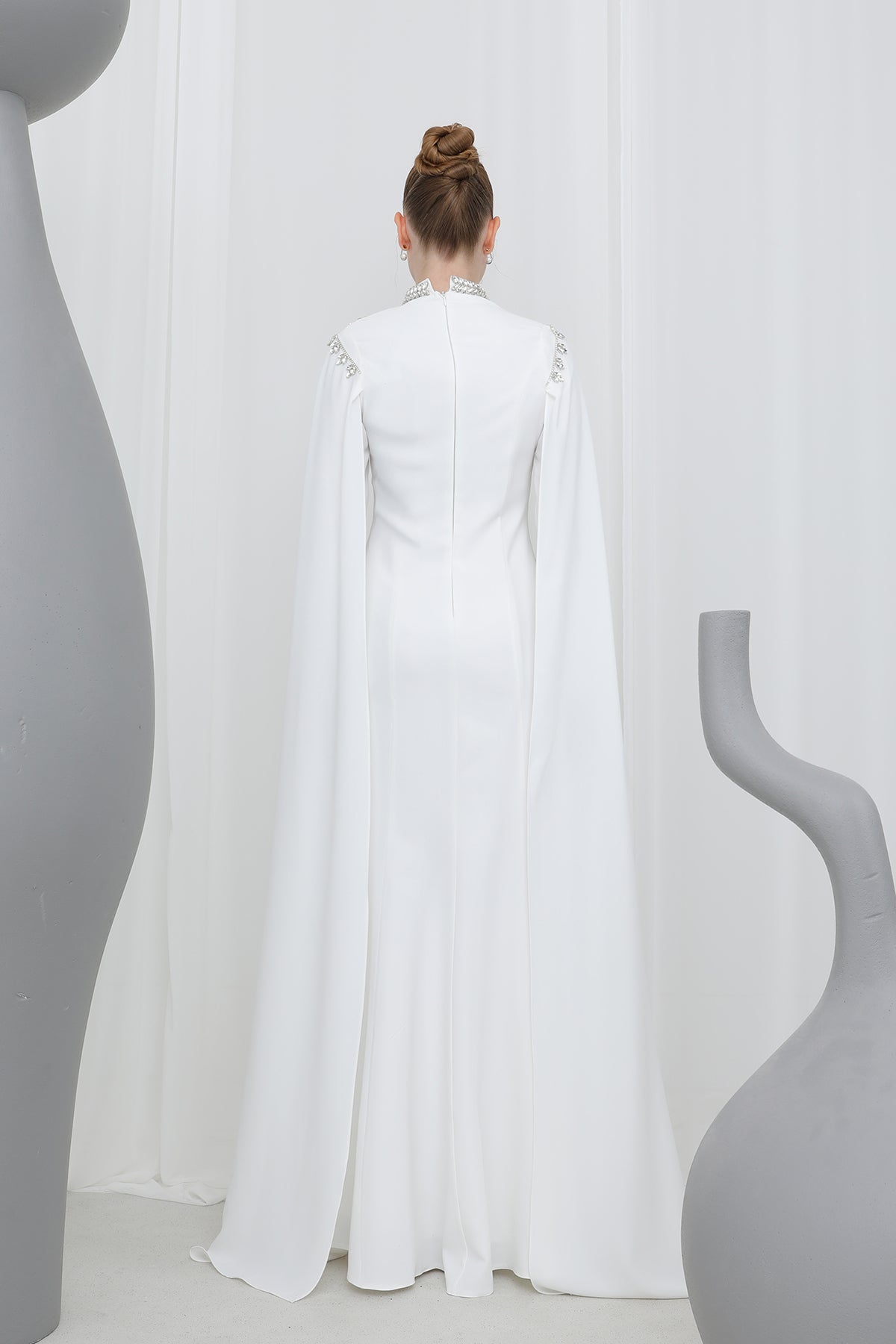 Kadın Taş İşlemeli Uzun Kollu  Abiye Elbise -17003ELB