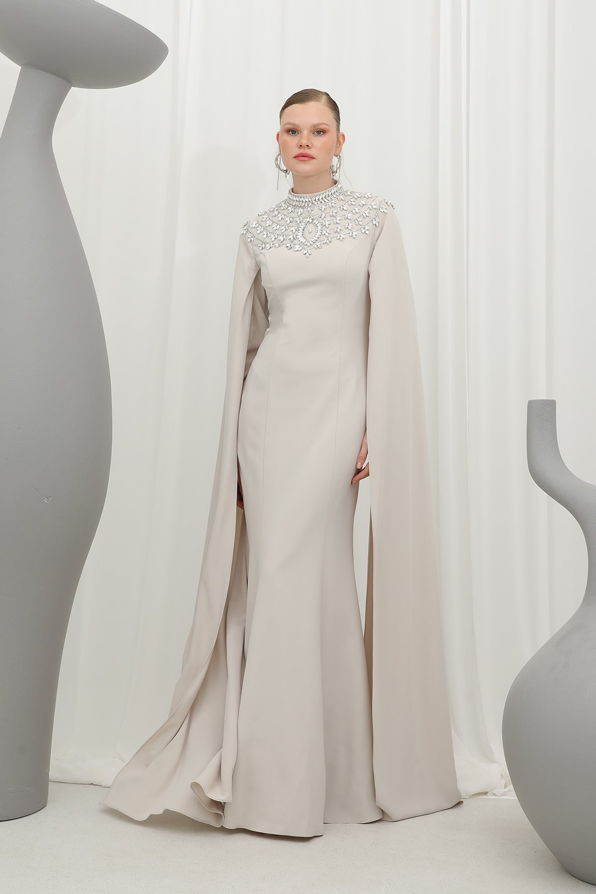 Kadın Taş İşlemeli Uzun Kollu  Abiye Elbise -17003ELB