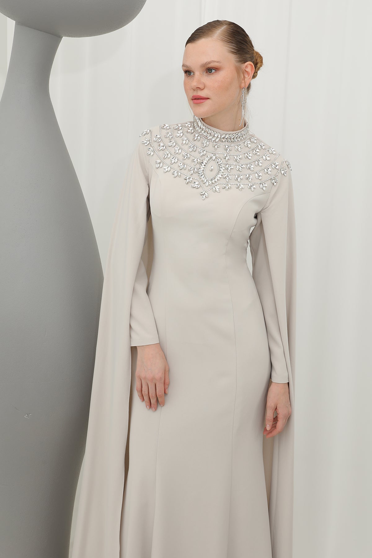 Kadın Taş İşlemeli Uzun Kollu  Abiye Elbise -17003ELB