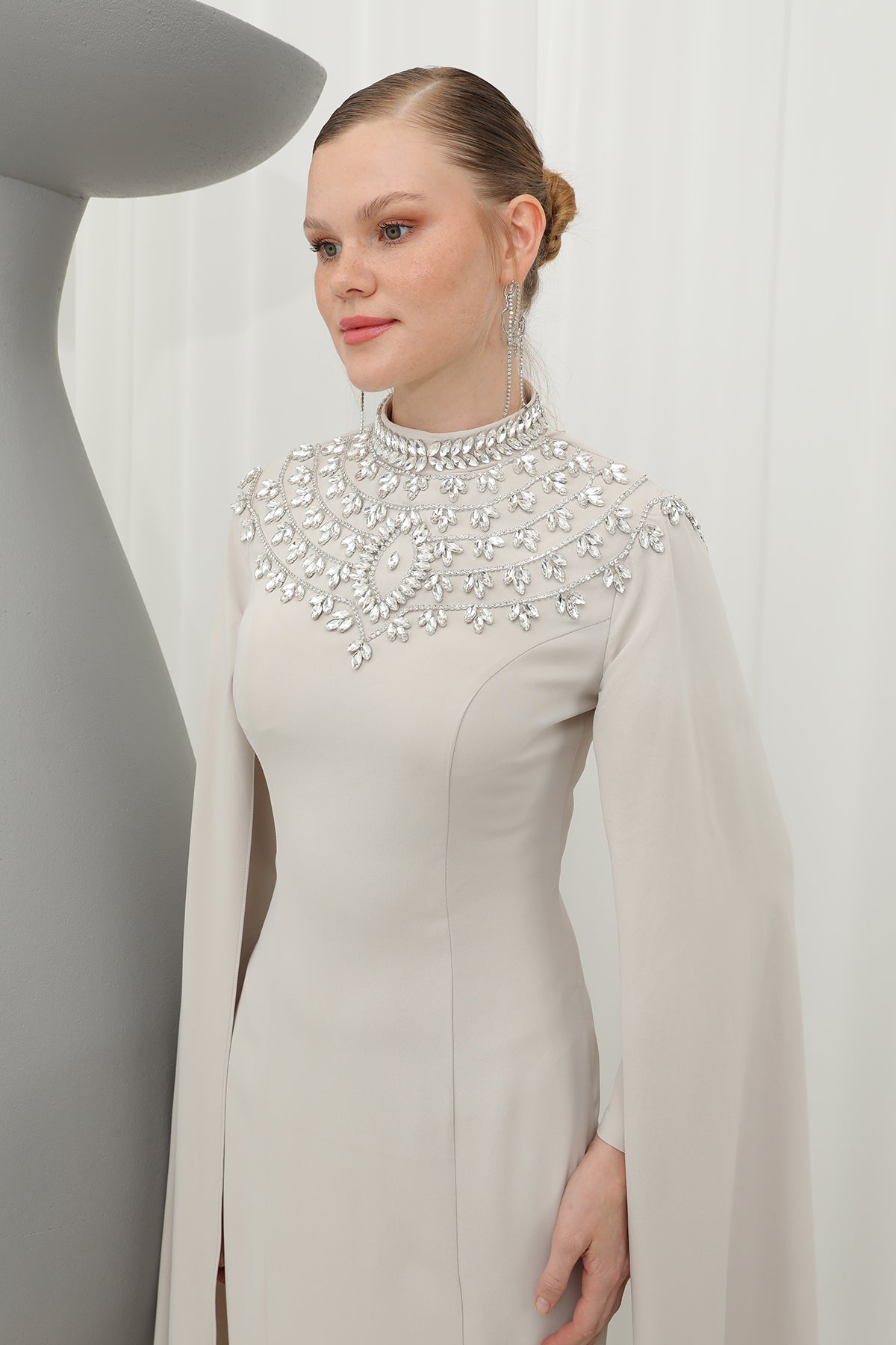 Kadın Taş İşlemeli Uzun Kollu  Abiye Elbise -17003ELB