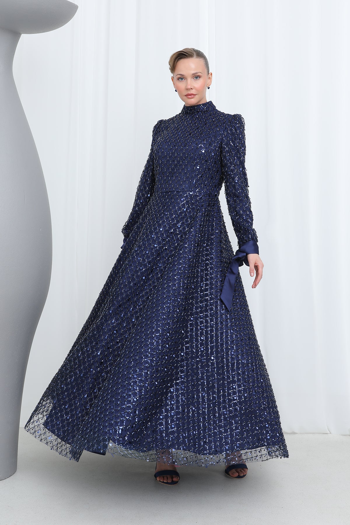 Kadın Pul Payet File İşlemeli Saten Manşet Detaylı Abiye Elbise-17014ELB