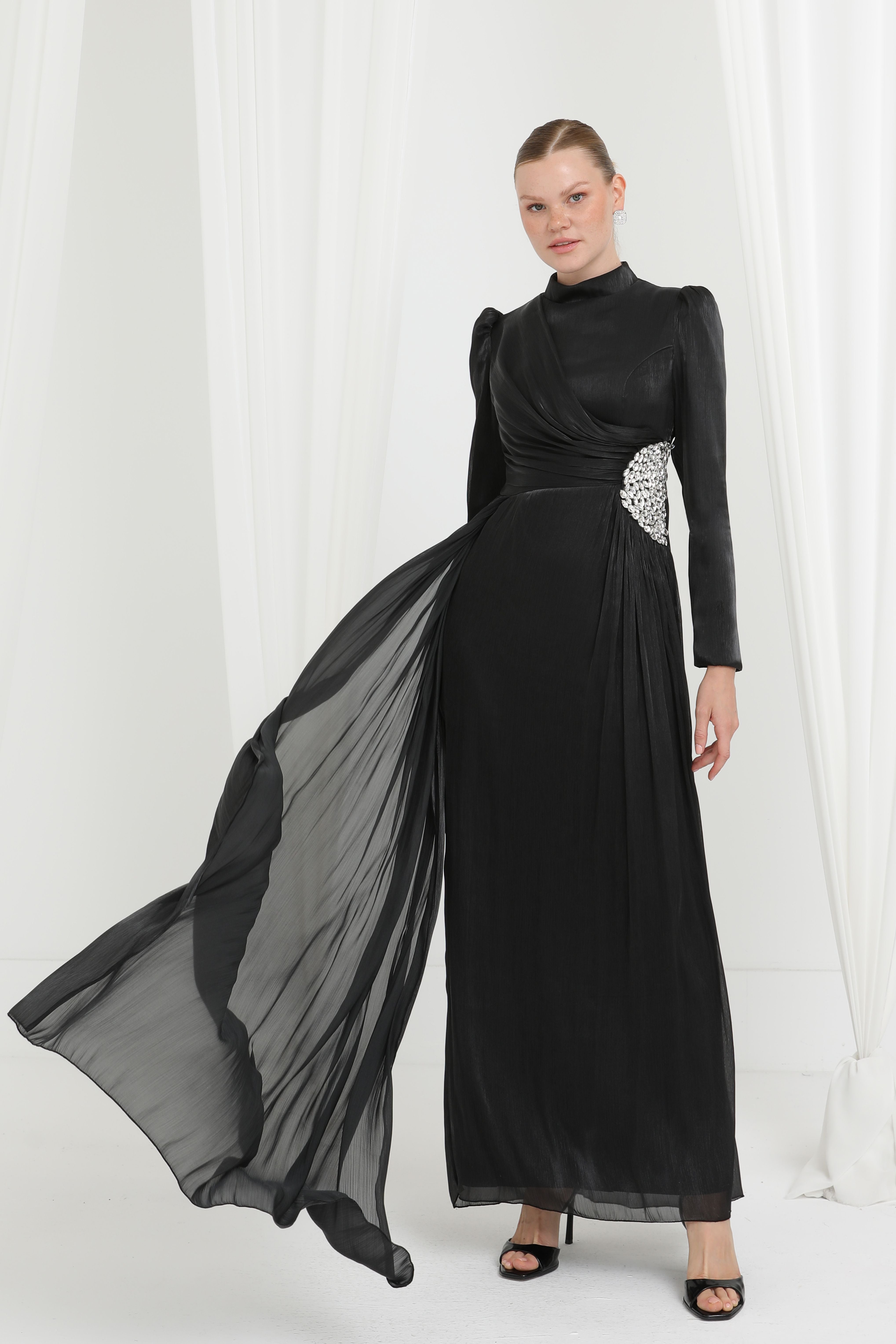 Kadın Taş Detaylı Saten Drape Abiye Elbise-17037ELB