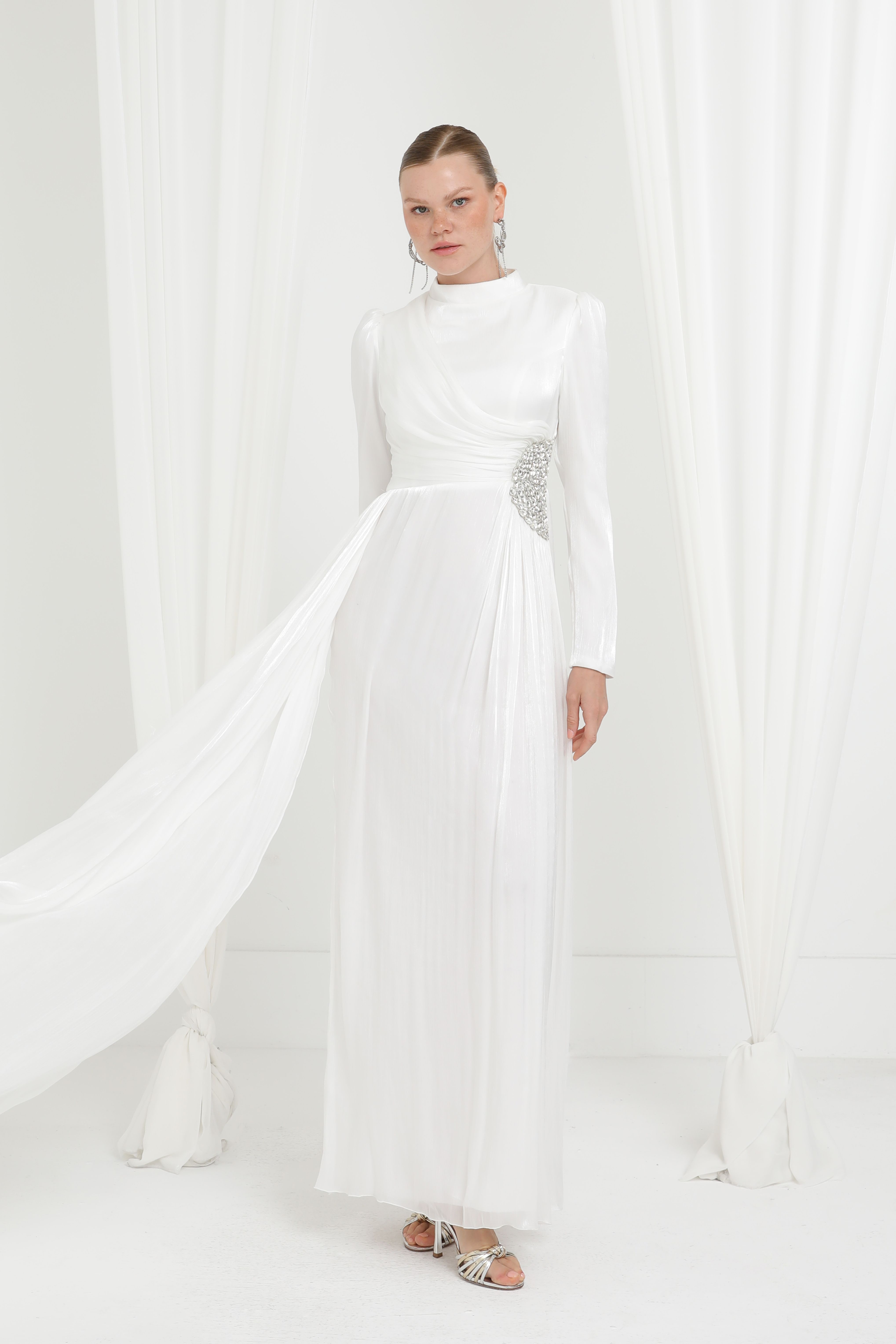 Kadın Taş Detaylı Saten Drape Abiye Elbise-17037ELB