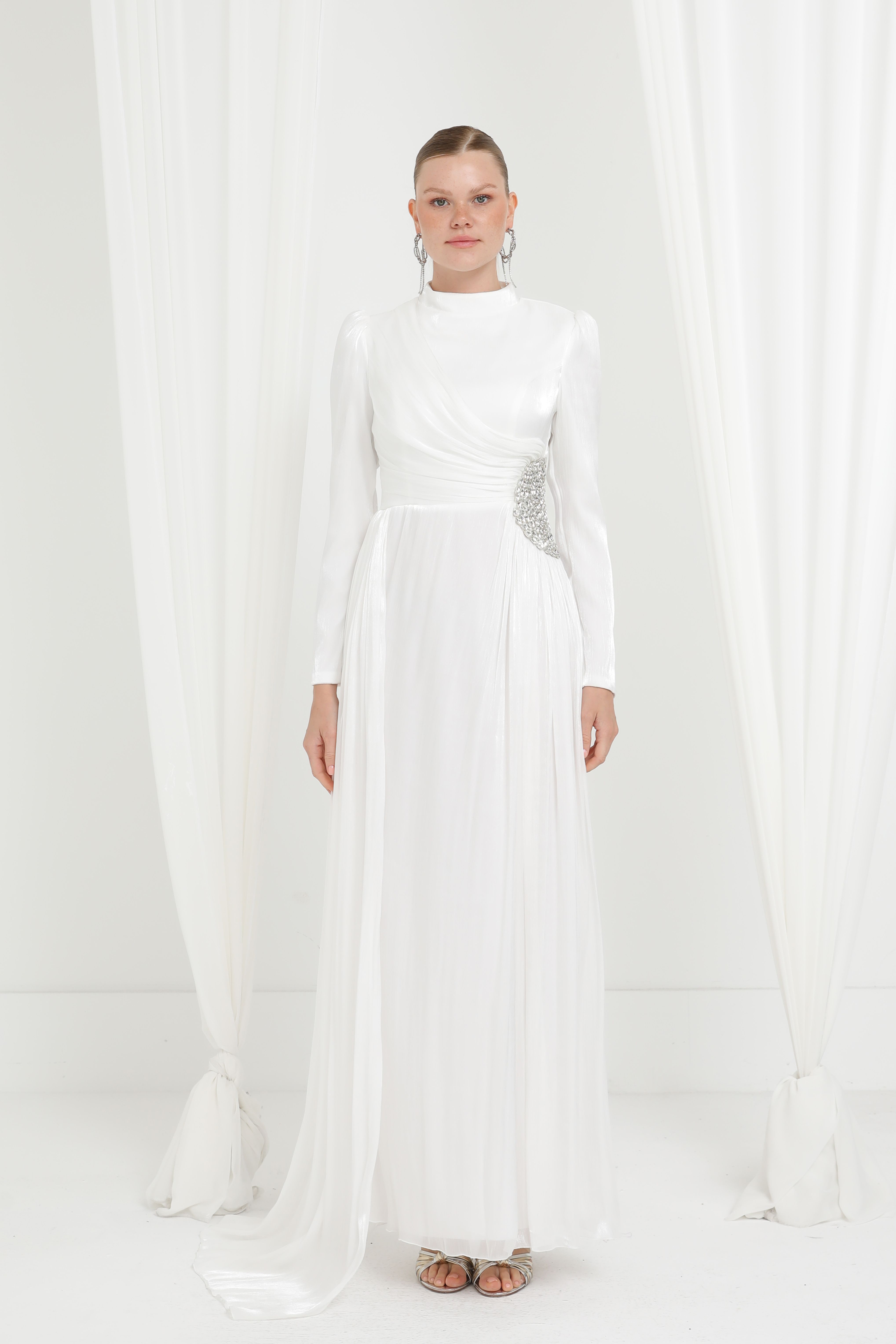 Kadın Taş Detaylı Saten Drape Abiye Elbise-17037ELB