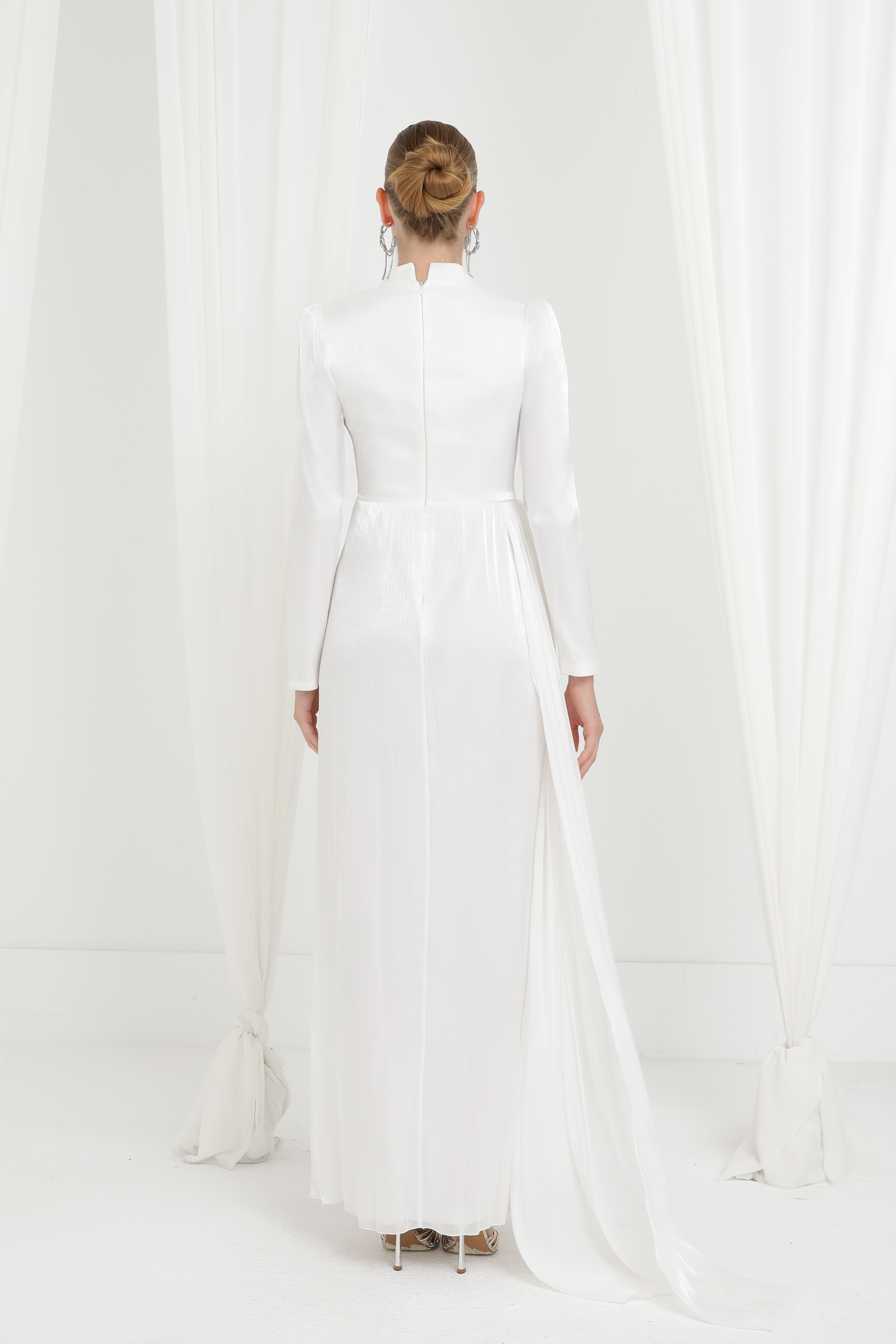 Kadın Taş Detaylı Saten Drape Abiye Elbise-17037ELB