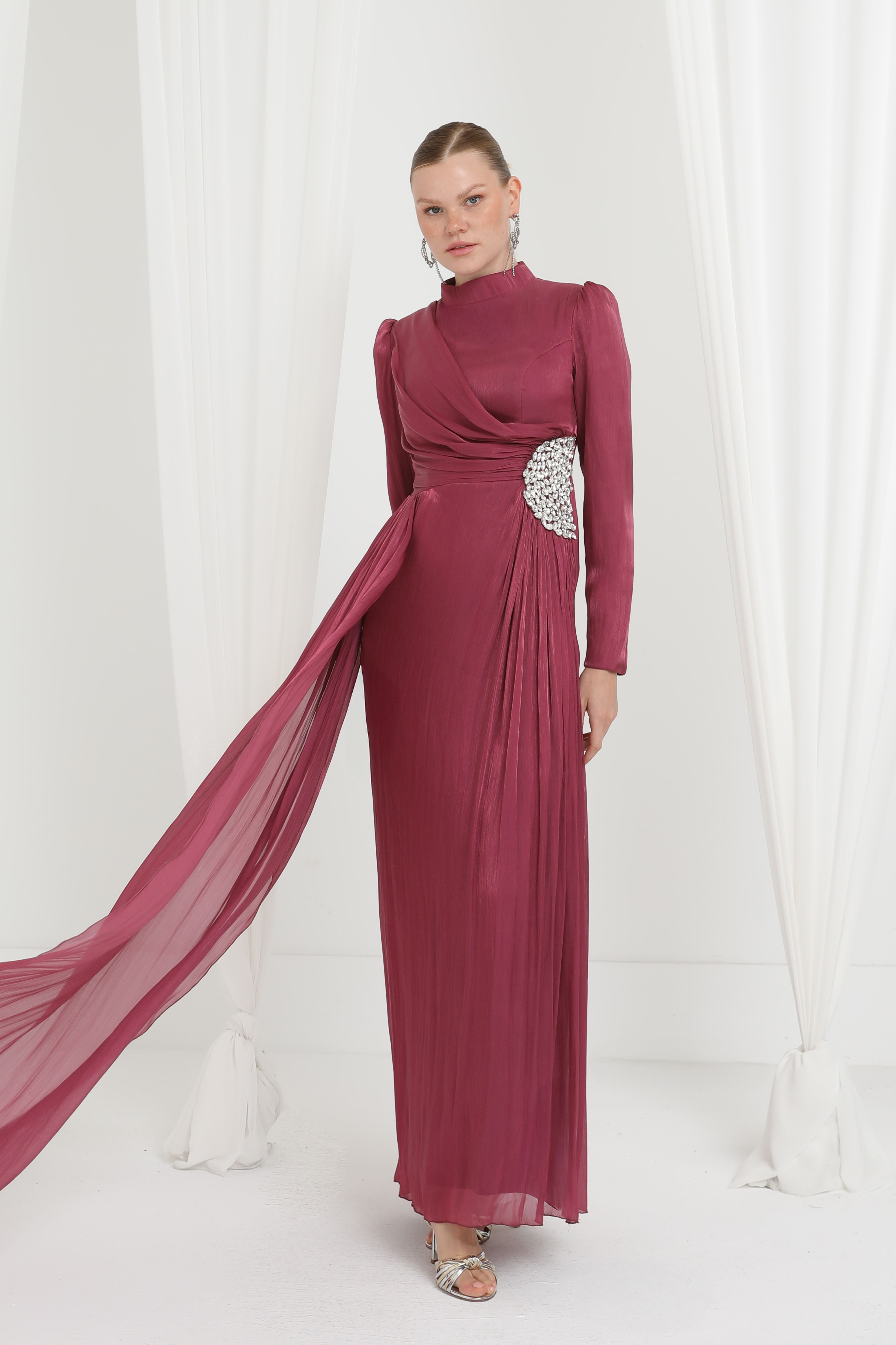 Kadın Taş Detaylı Saten Drape Abiye Elbise-17037ELB