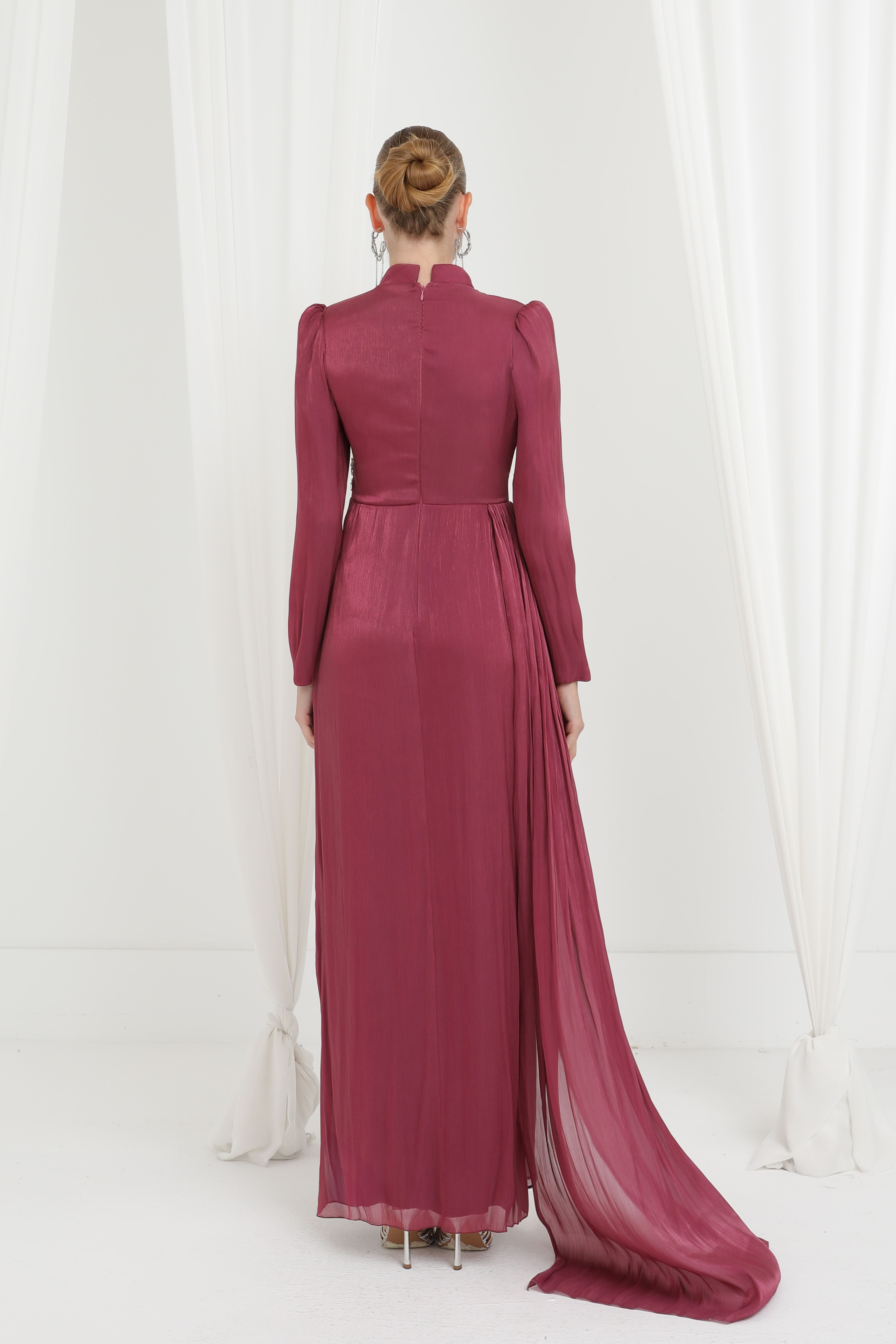 Kadın Taş Detaylı Saten Drape Abiye Elbise-17037ELB