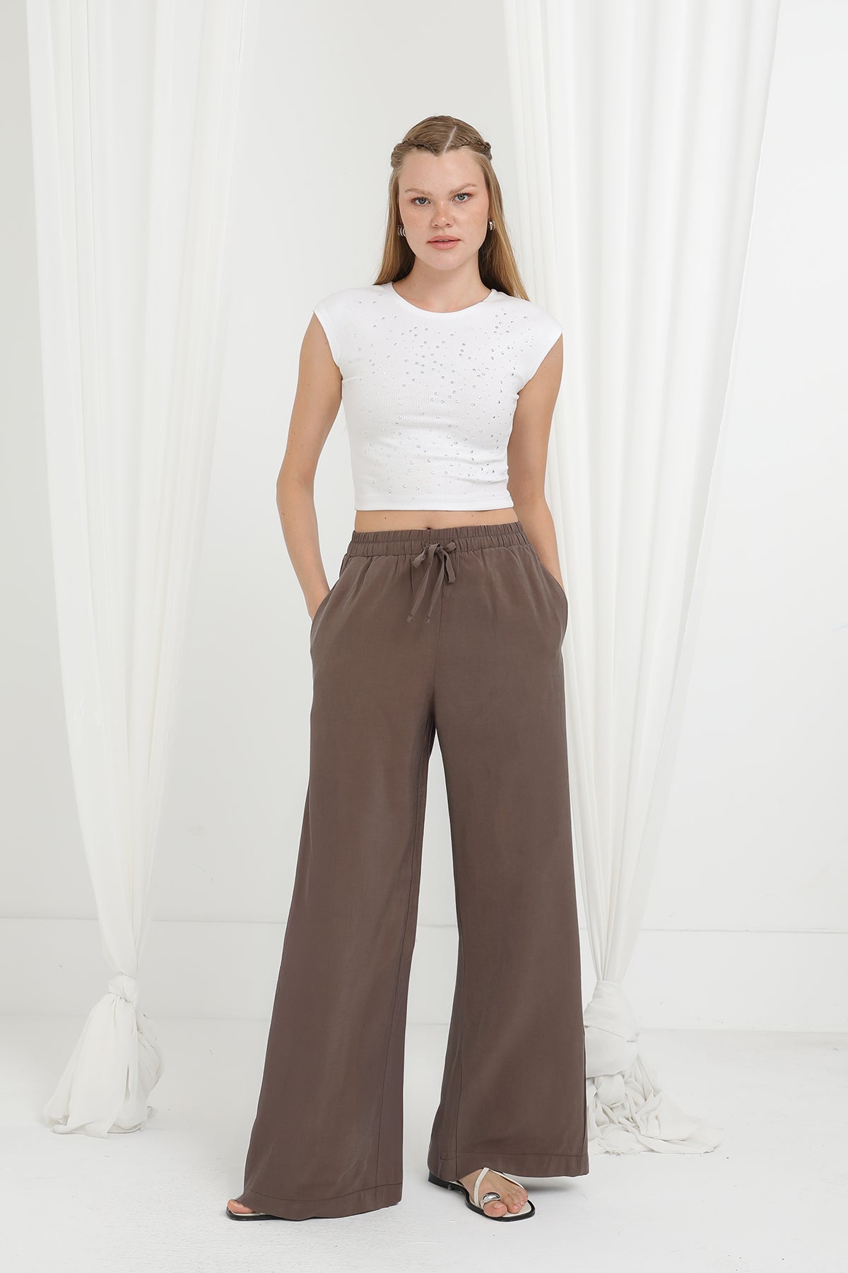 Kadın Beli Lastikli Bağlamalı Bol Pantolon - 20646PNT