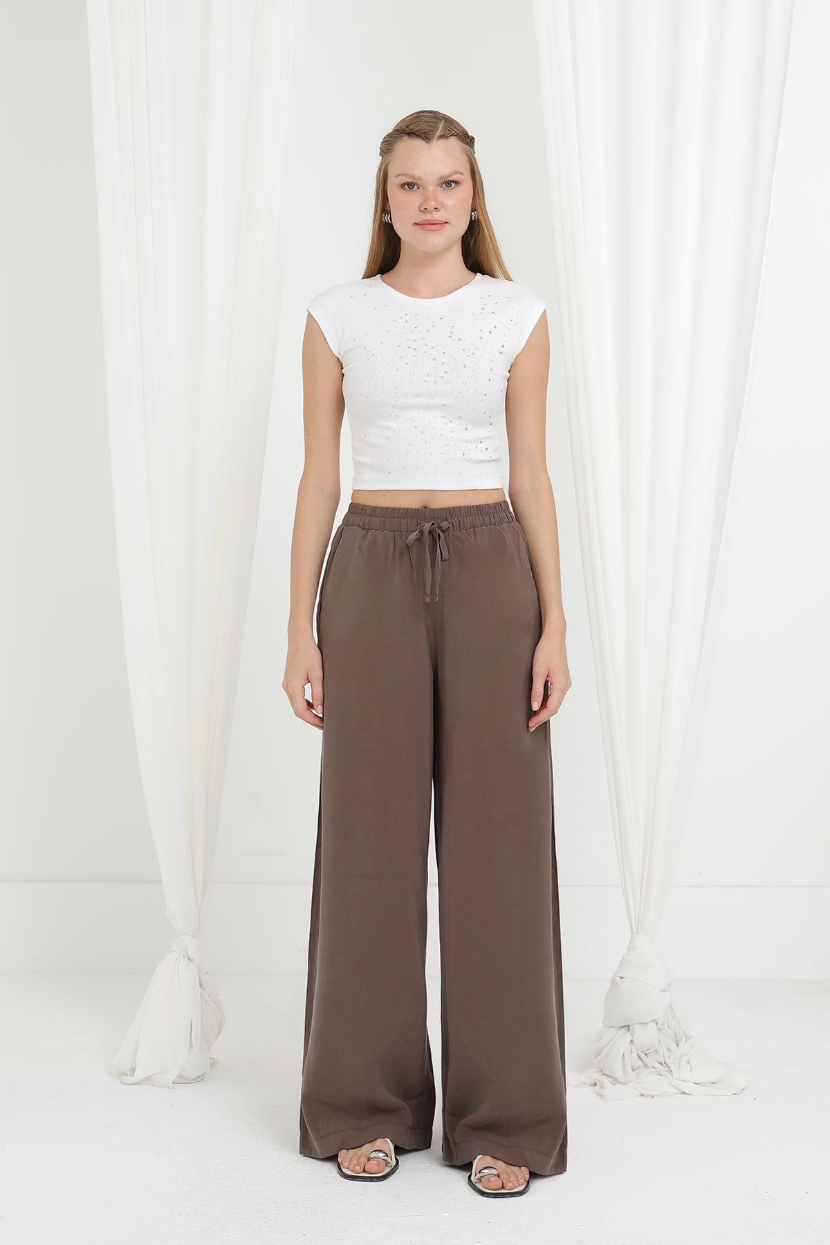 Kadın Beli Lastikli Bağlamalı Bol Pantolon - 20646PNT