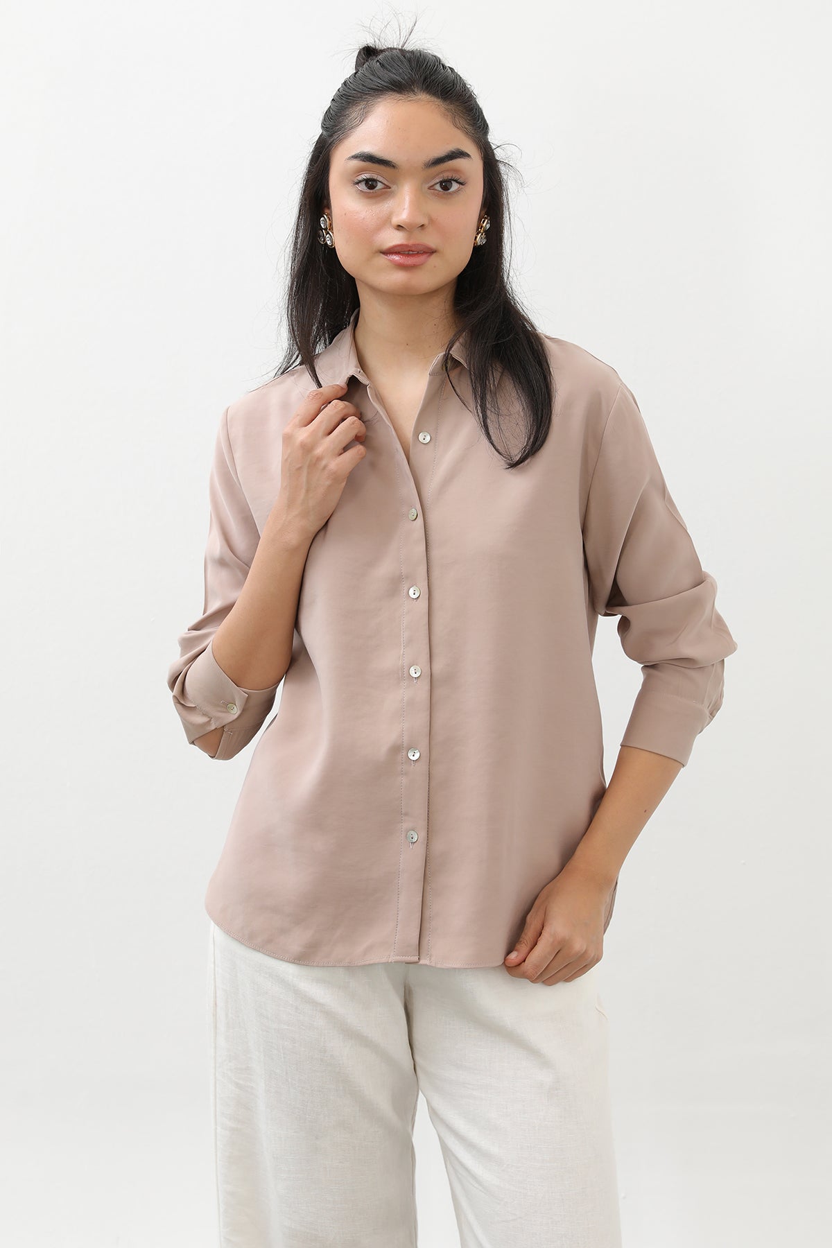 Kadın Sedef Düğmeli Kısa Gömlek -20647GML