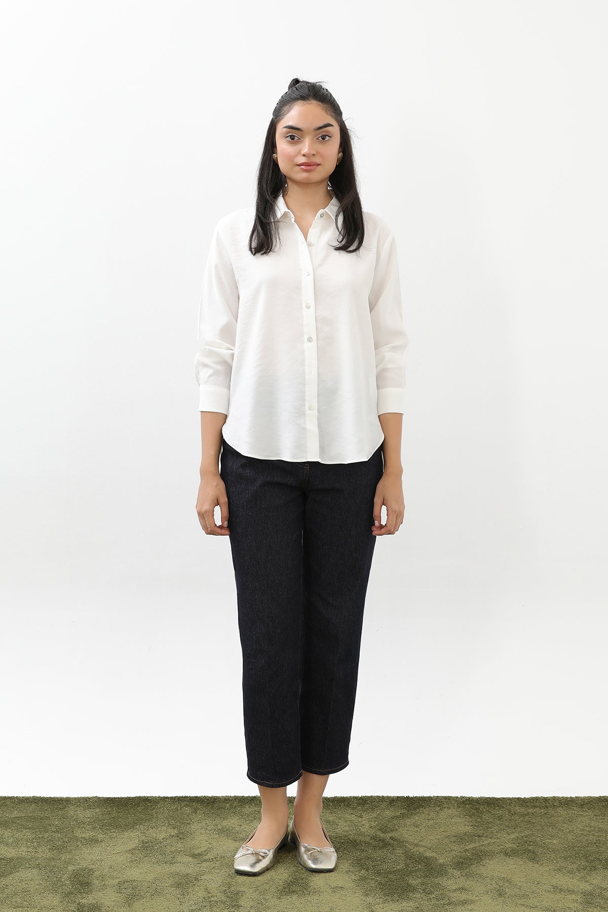 Kadın Sedef Düğmeli Kısa Gömlek -20647GML