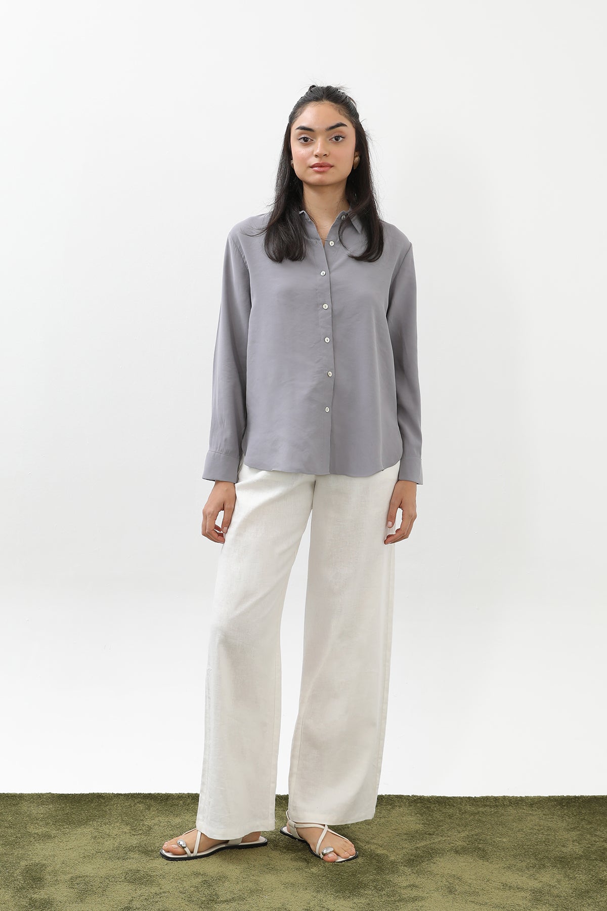 Kadın Sedef Düğmeli Kısa Gömlek -20647GML