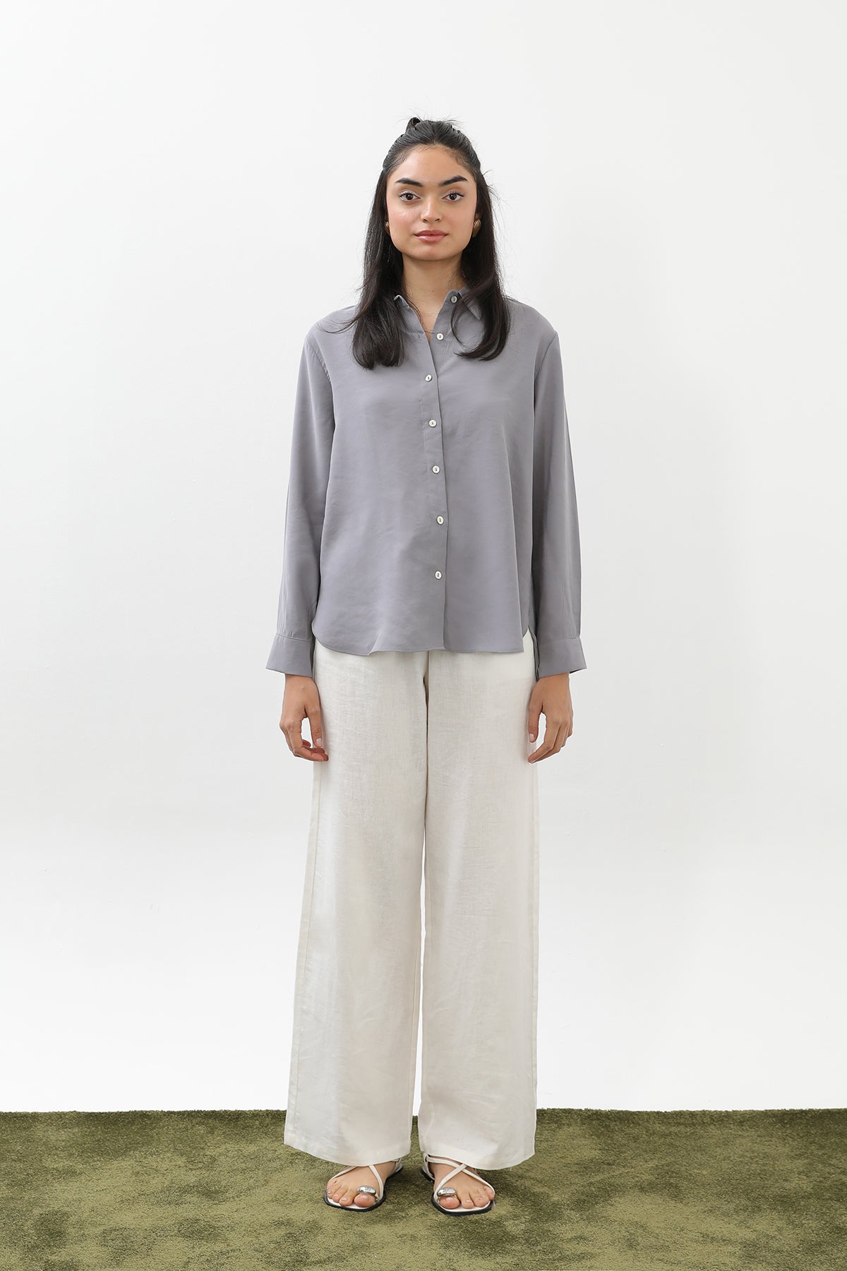 Kadın Sedef Düğmeli Kısa Gömlek -20647GML