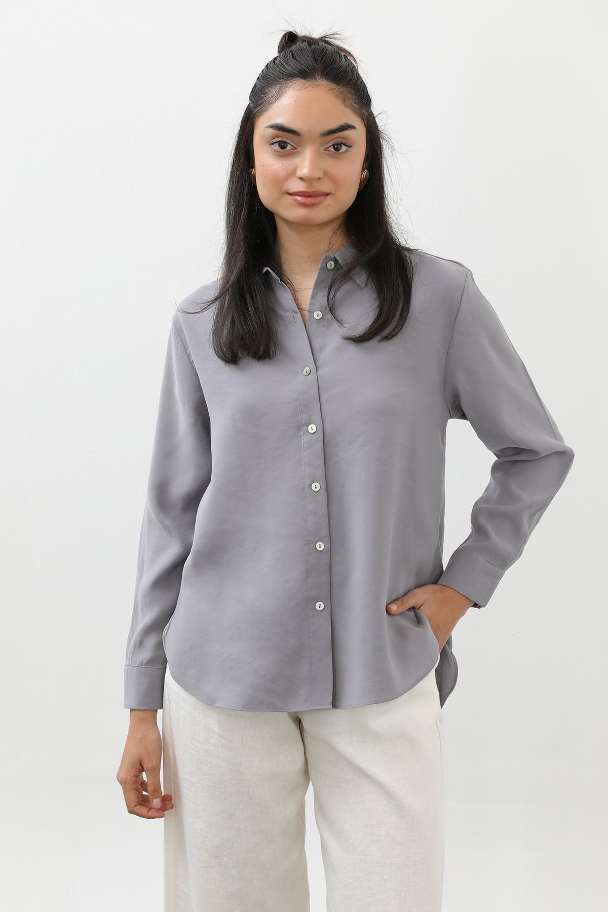 Kadın Sedef Düğmeli Kısa Gömlek -20647GML