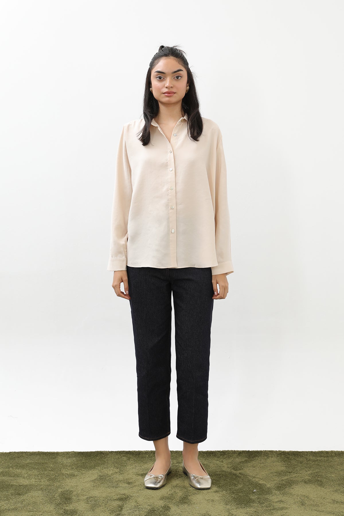 Kadın Sedef Düğmeli Kısa Gömlek -20647GML