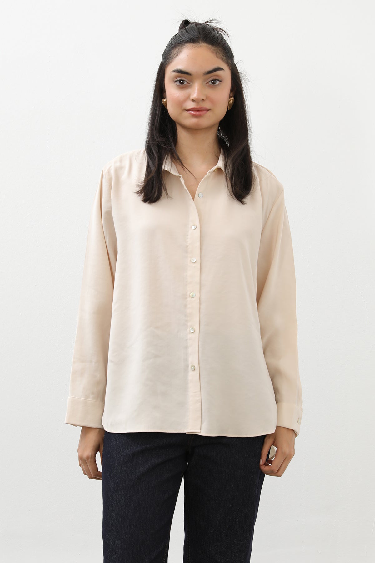 Kadın Sedef Düğmeli Kısa Gömlek -20647GML