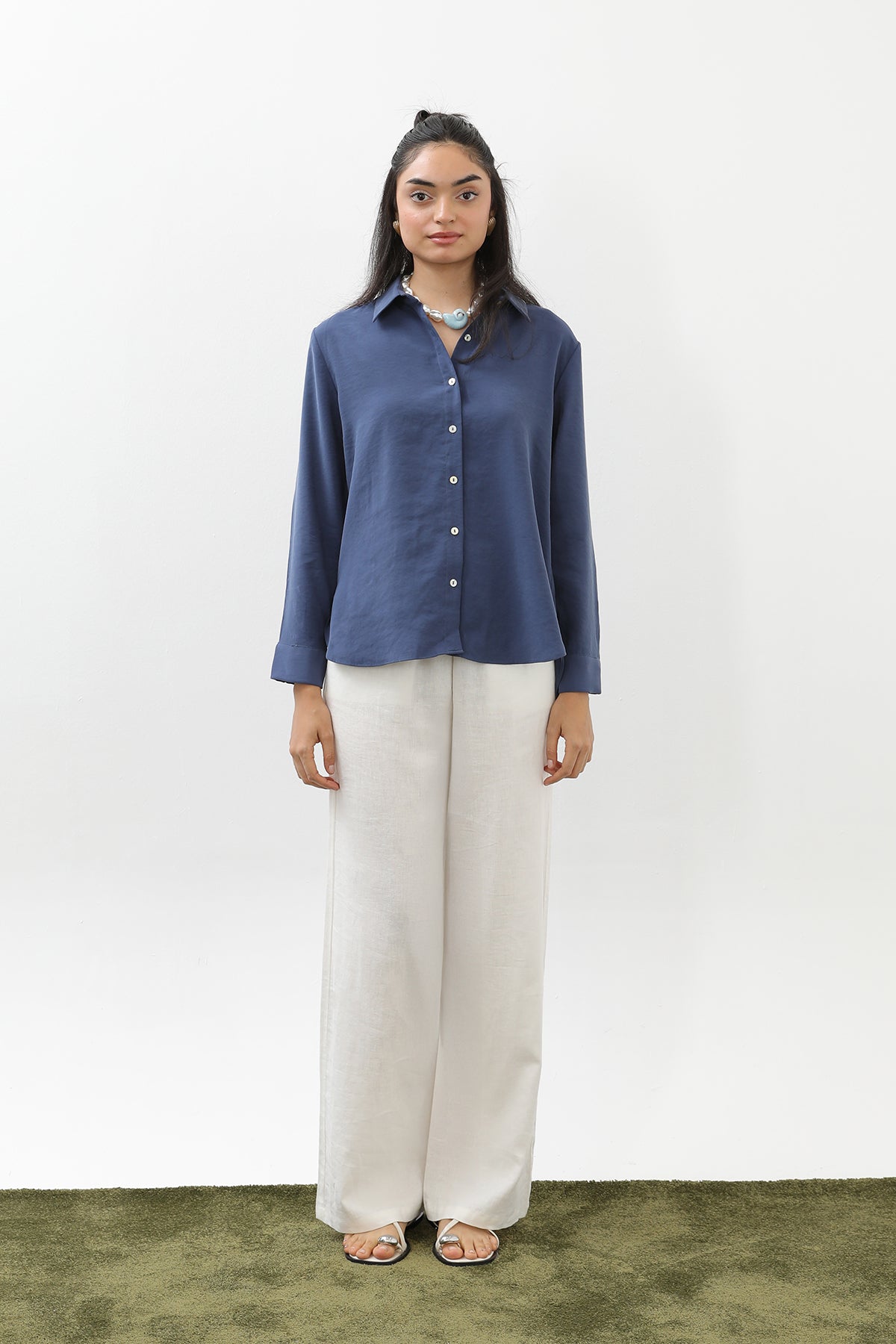 Kadın Sedef Düğmeli Kısa Gömlek -20647GML