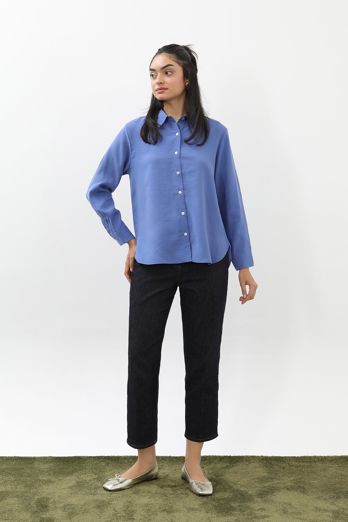 Kadın Sedef Düğmeli Kısa Gömlek -20647GML