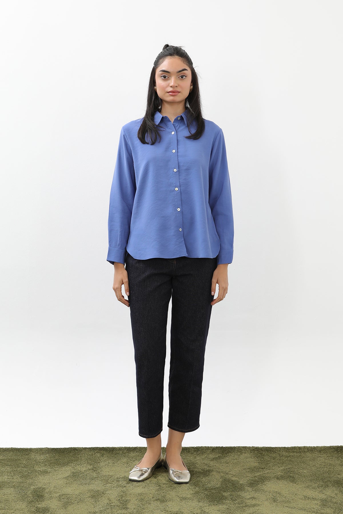 Kadın Sedef Düğmeli Kısa Gömlek -20647GML