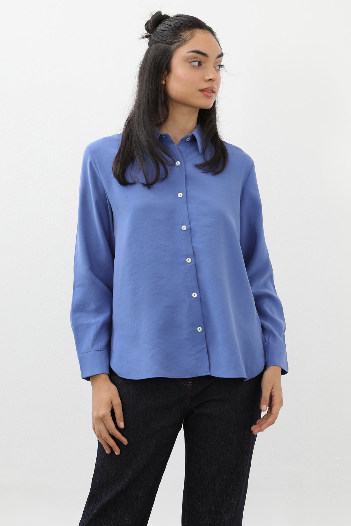 Kadın Sedef Düğmeli Kısa Gömlek -20647GML