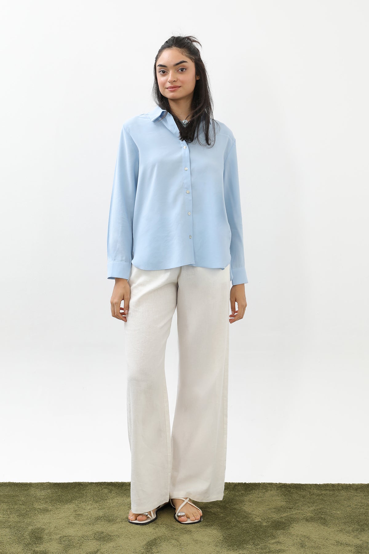 Kadın Sedef Düğmeli Kısa Gömlek -20647GML