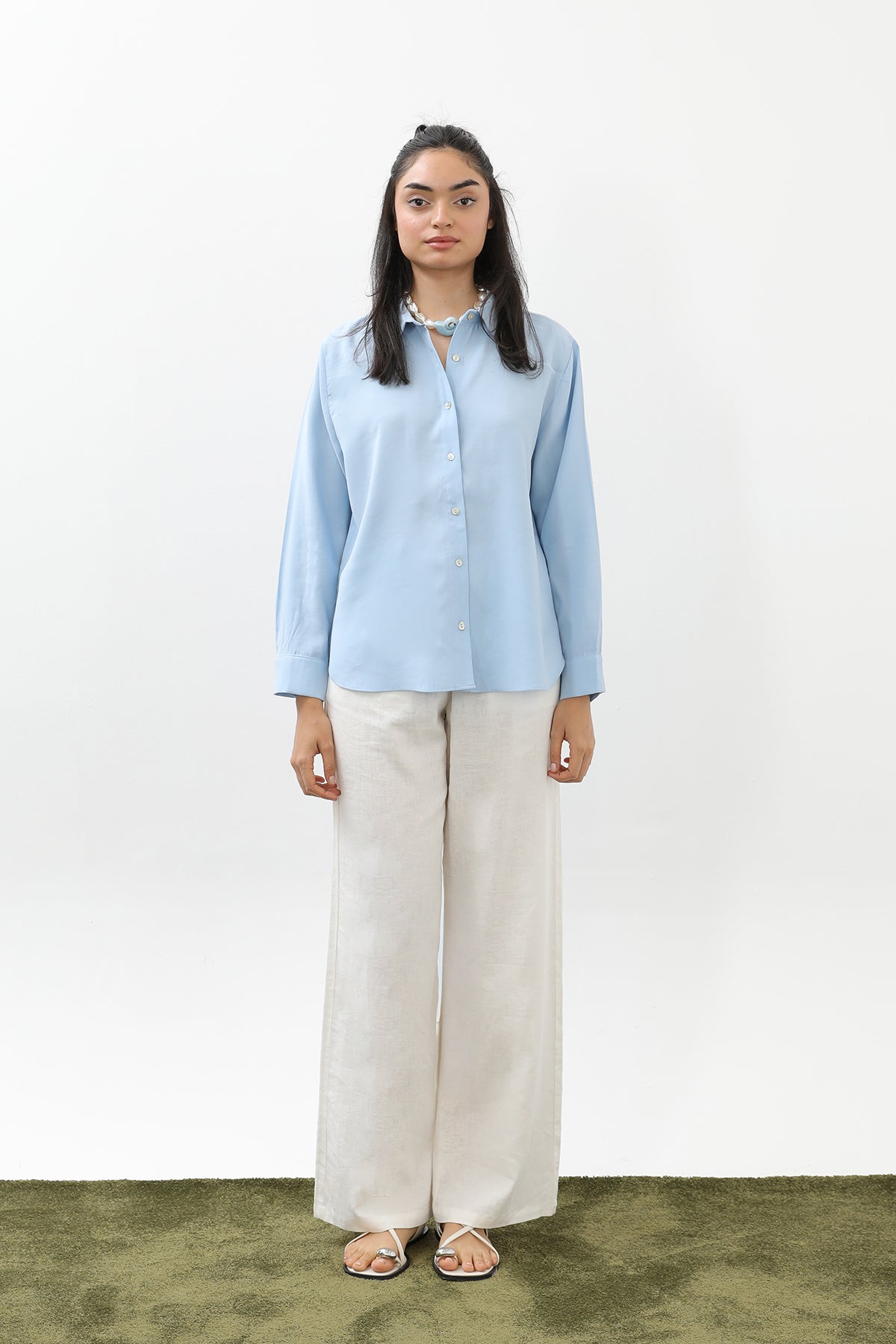 Kadın Sedef Düğmeli Kısa Gömlek -20647GML