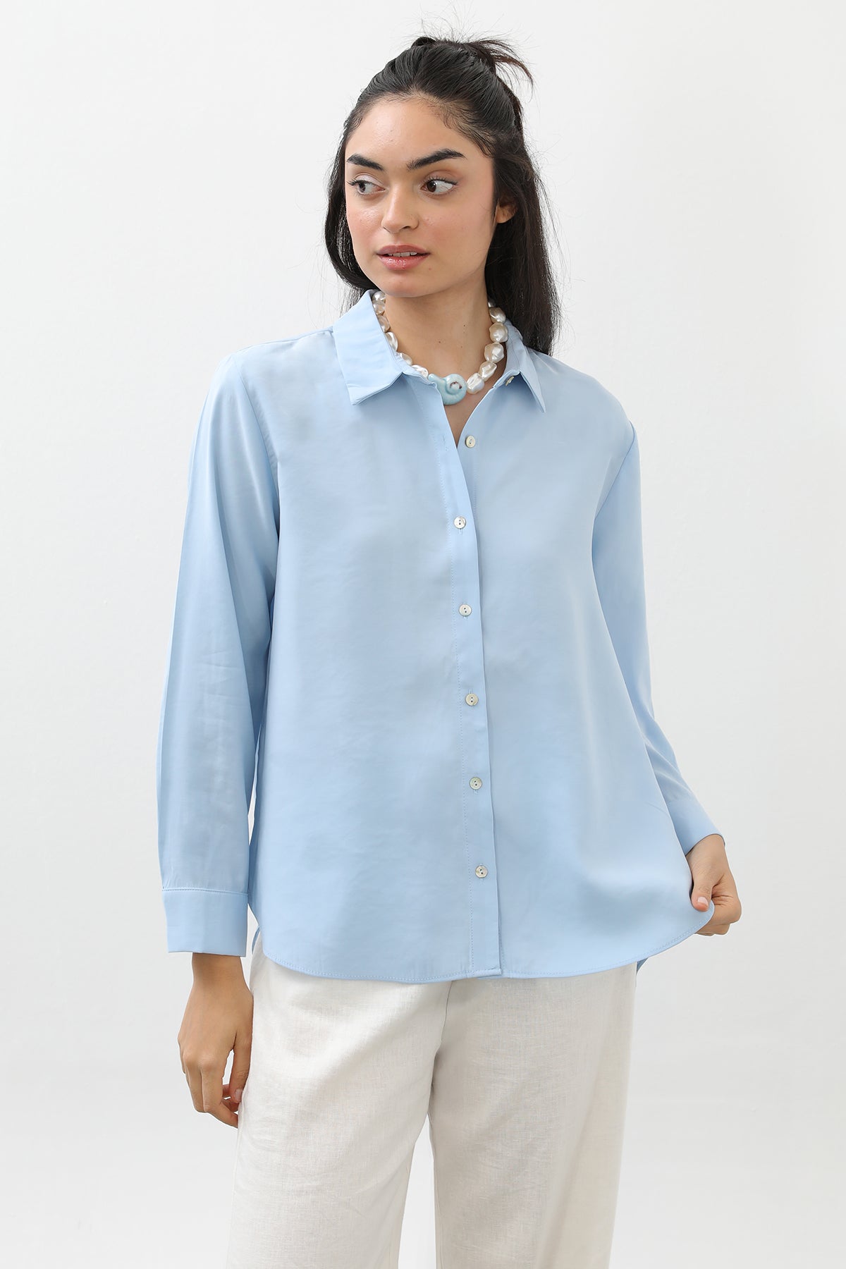 Kadın Sedef Düğmeli Kısa Gömlek -20647GML