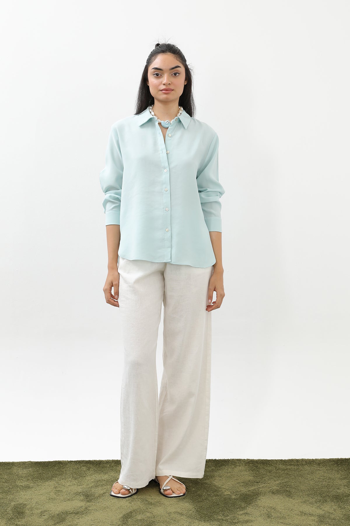 Kadın Sedef Düğmeli Kısa Gömlek -20647GML