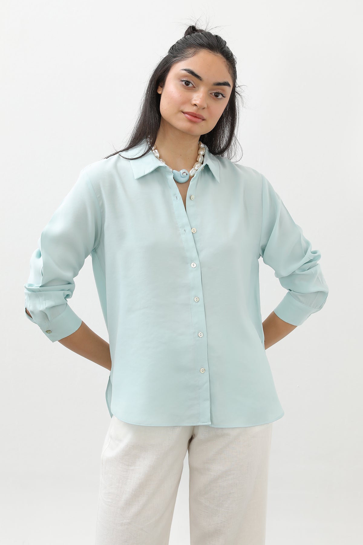 Kadın Sedef Düğmeli Kısa Gömlek -20647GML