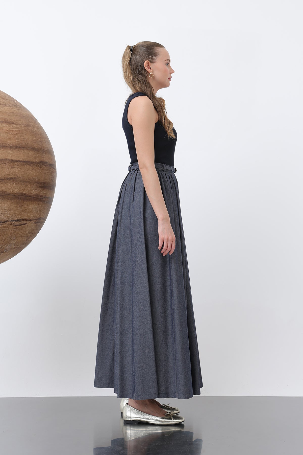 Kadın Belden Büzgülü Kemer Detaylı Denim Etek - 20649ETK