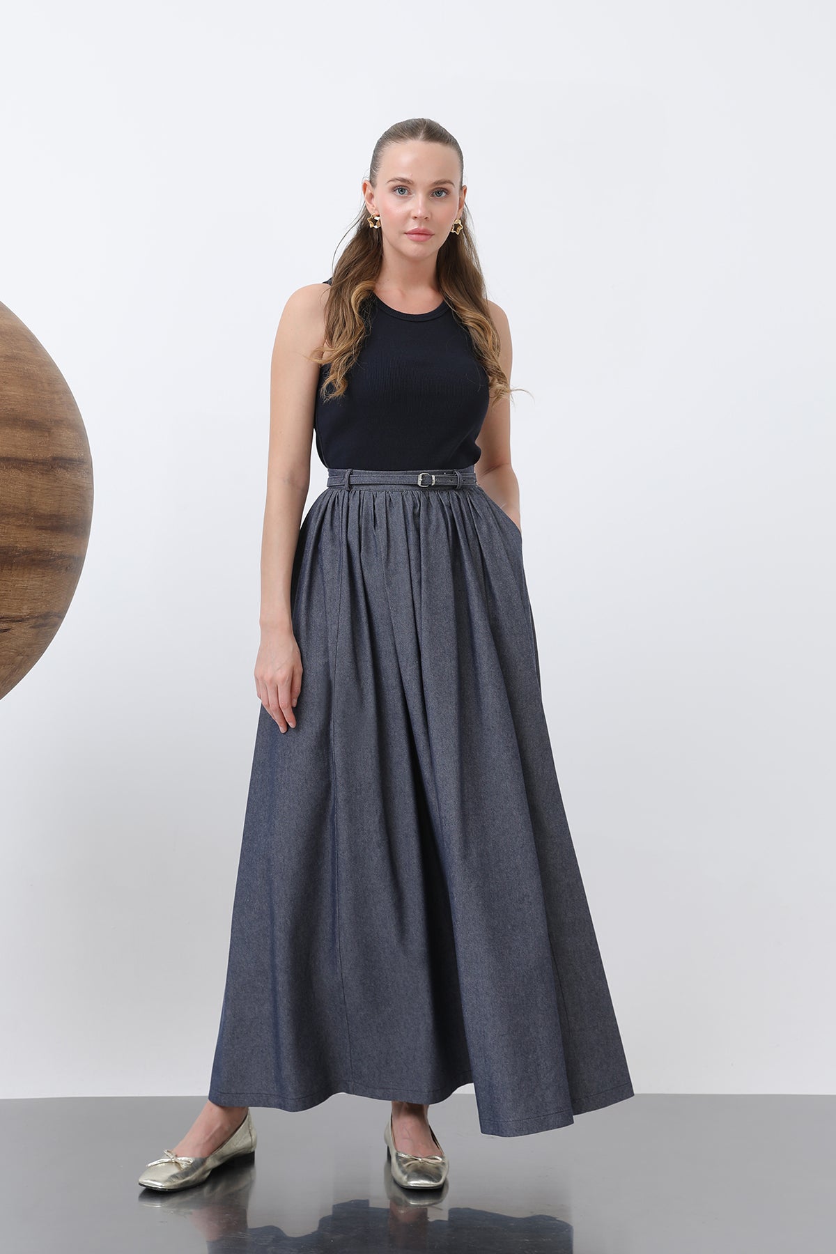 Kadın Belden Büzgülü Kemer Detaylı Denim Etek - 20649ETK