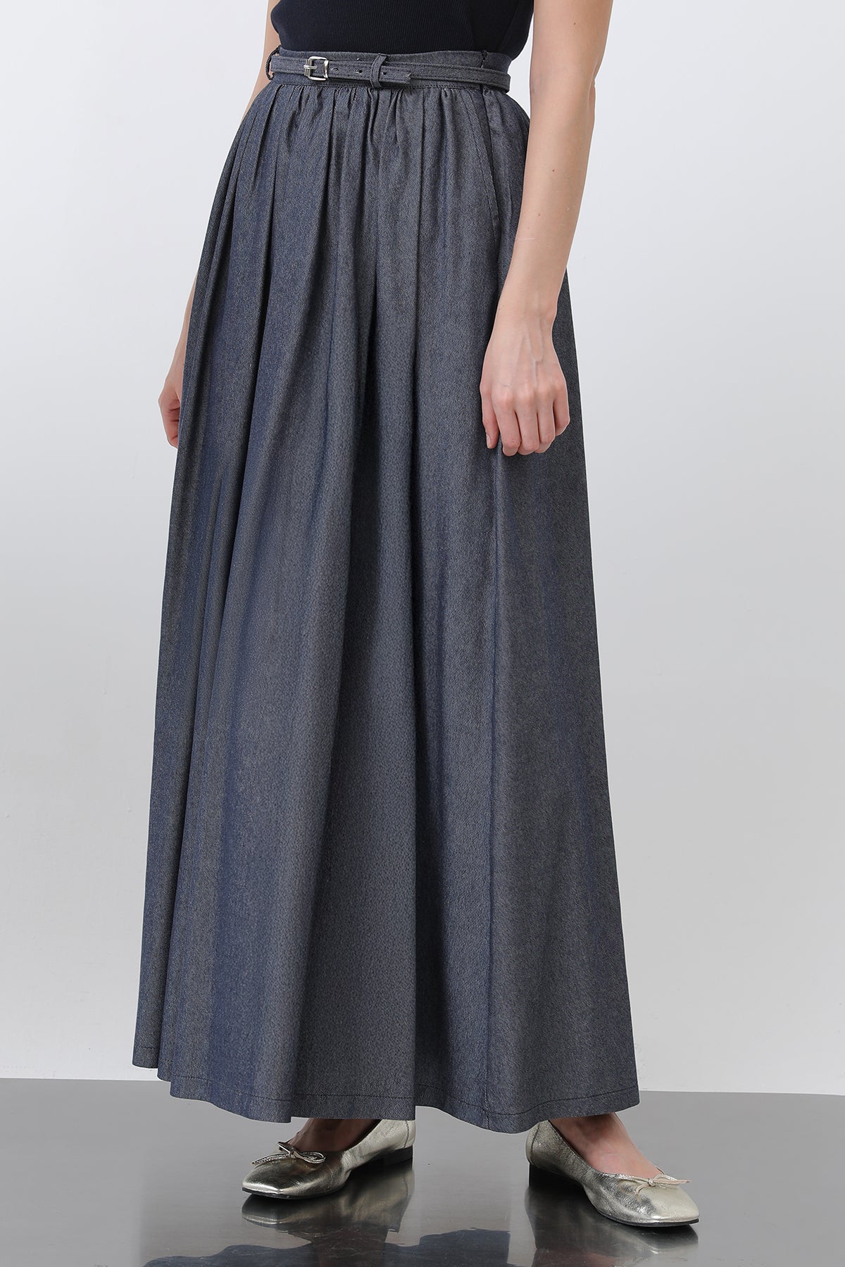 Kadın Belden Büzgülü Kemer Detaylı Denim Etek - 20649ETK