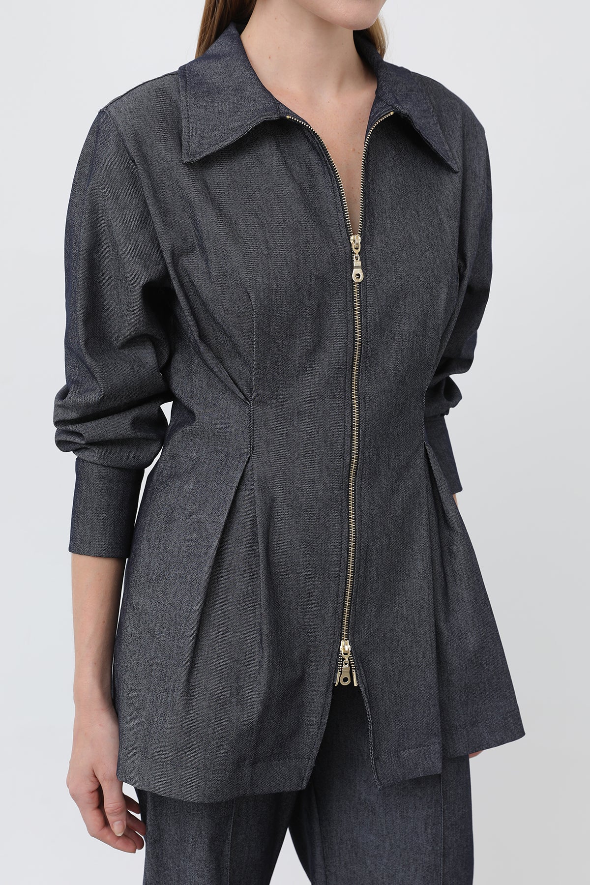 Kadın Gold Fermuar Detaylı Belden Pileli Gömlek Ve Pantolon Takım -20651TKS