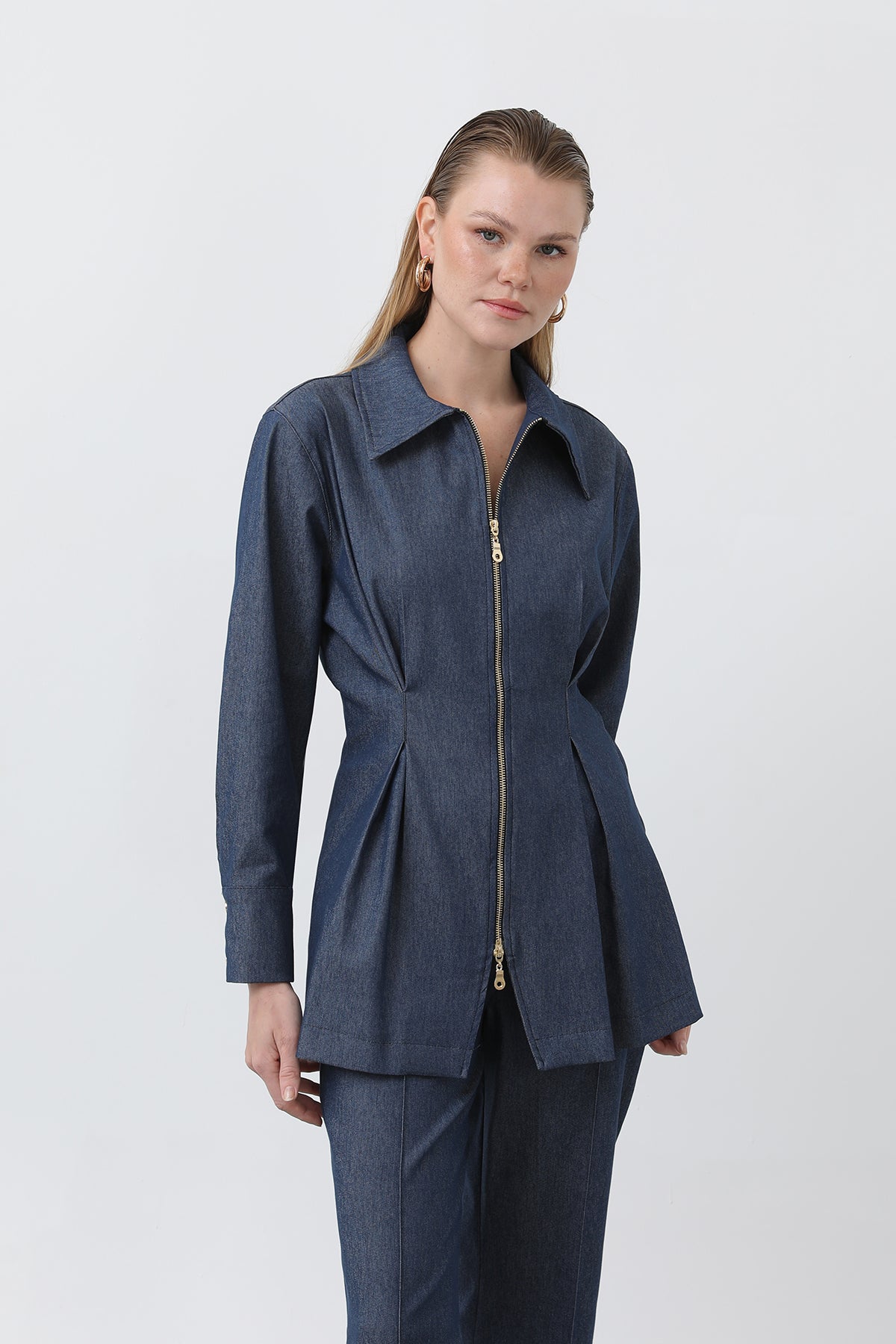 Kadın Gold Fermuar Detaylı Belden Pileli Gömlek Ve Pantolon Takım -20651TKS