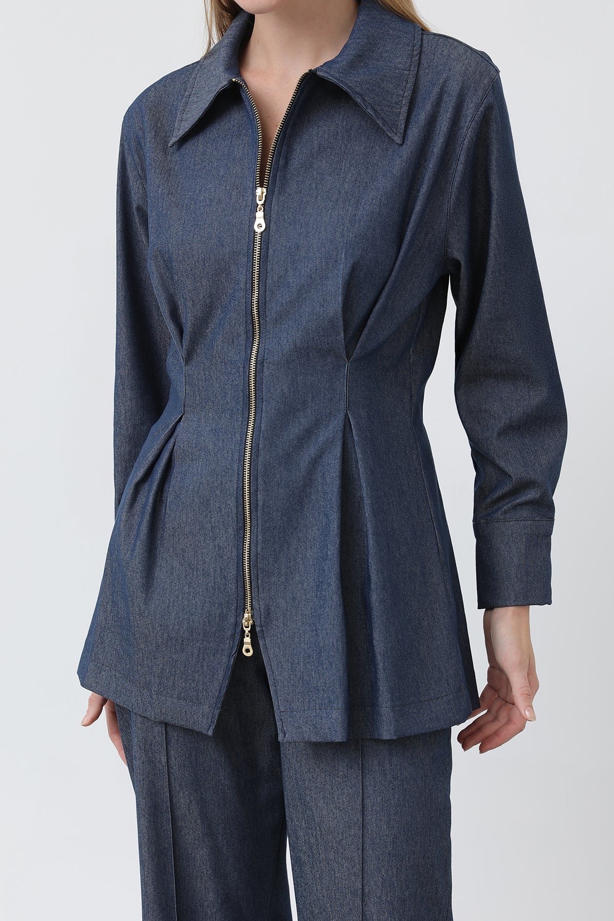 Kadın Gold Fermuar Detaylı Belden Pileli Gömlek Ve Pantolon Takım -20651TKS