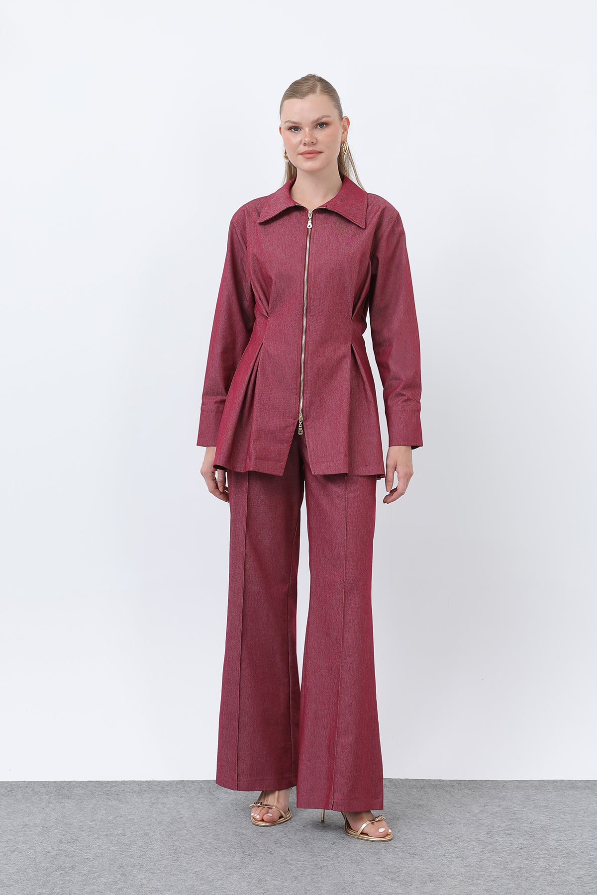 Kadın Gold Fermuar Detaylı Belden Pileli Gömlek Ve Pantolon Takım -20651TKS