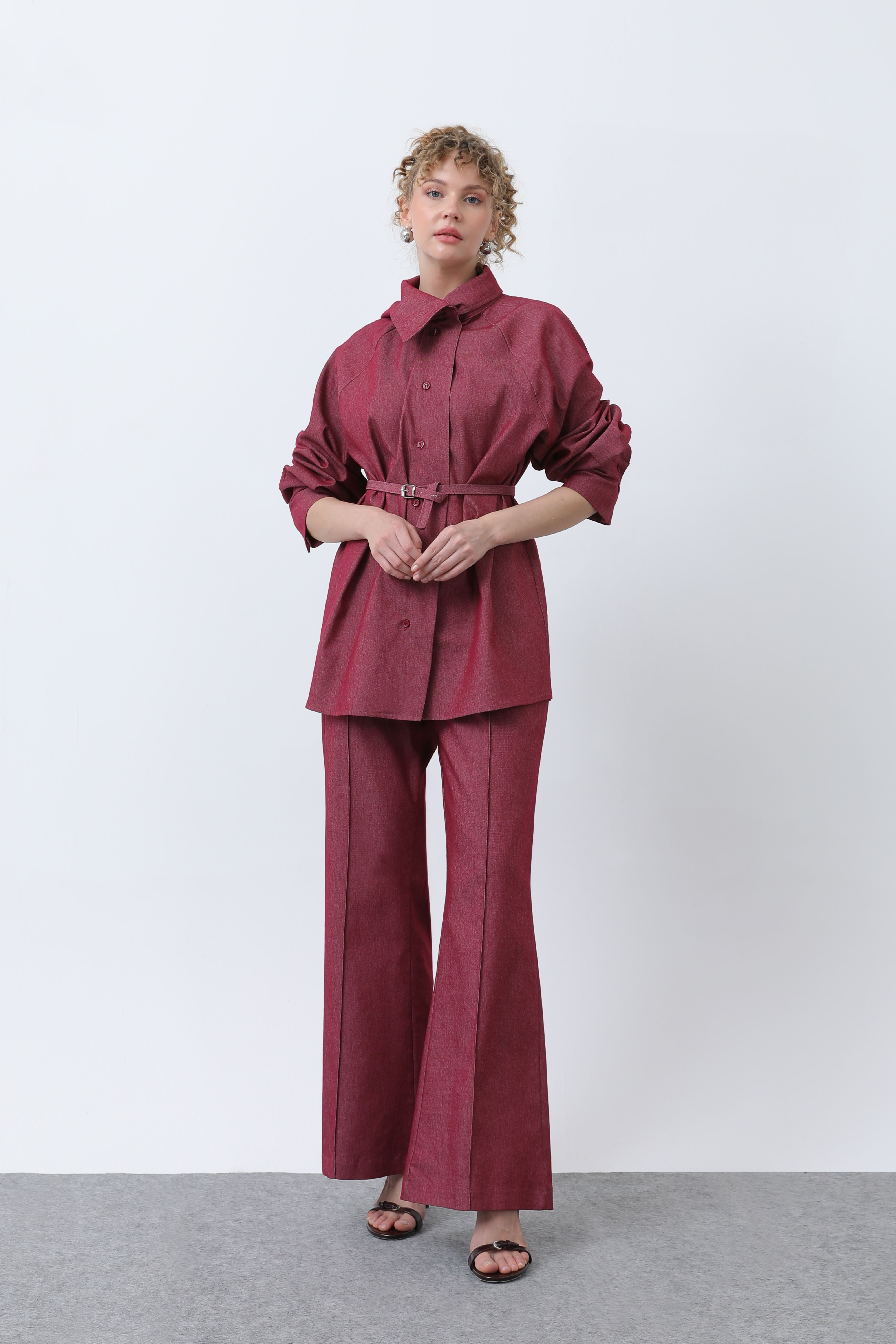 Kadın Kruvaze Yaka Kemer Detaylı Pantolonlu Denim Takım - 20652TKS