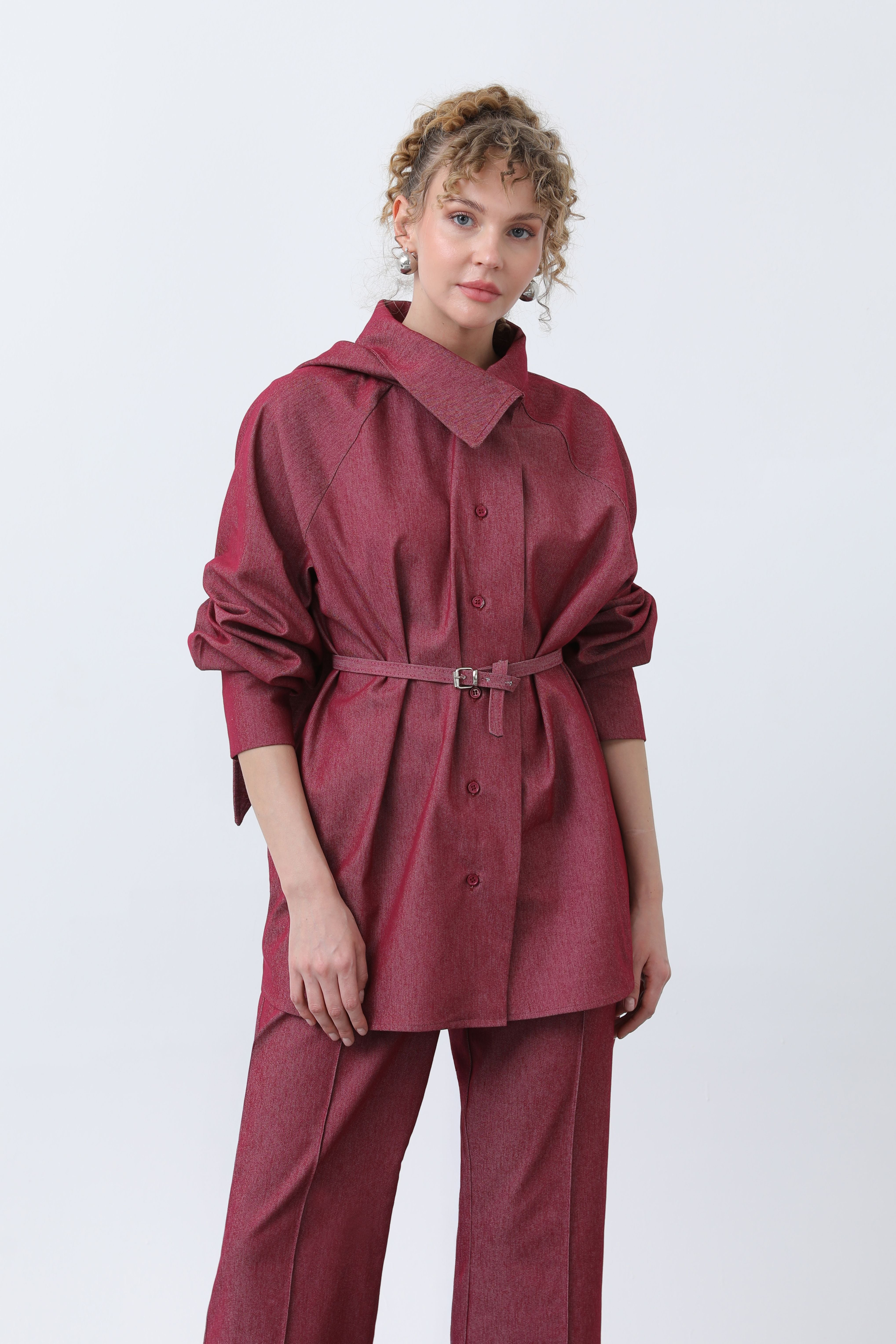 Kadın Kruvaze Yaka Kemer Detaylı Pantolonlu Denim Takım - 20652TKS