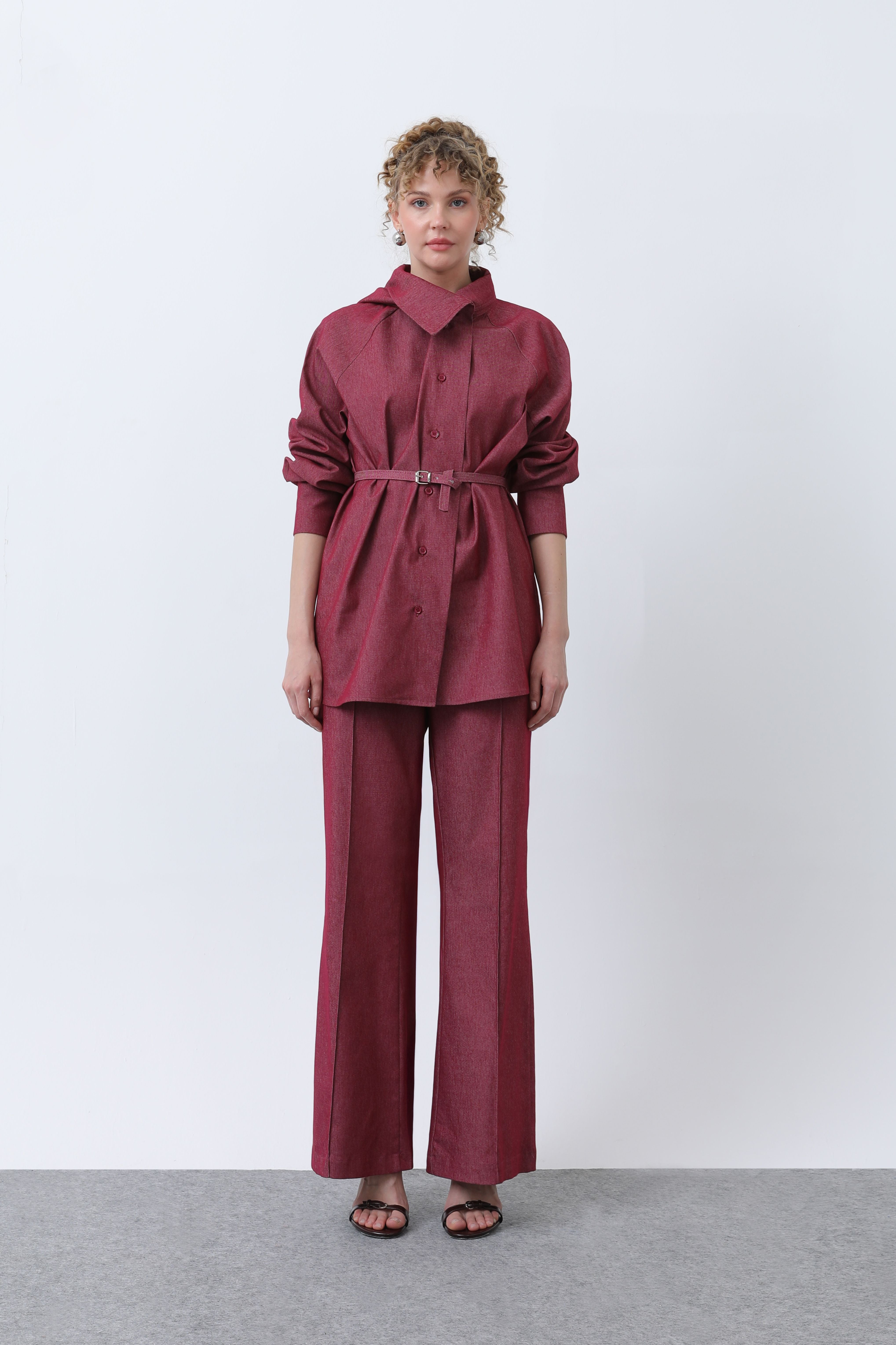 Kadın Kruvaze Yaka Kemer Detaylı Pantolonlu Denim Takım - 20652TKS