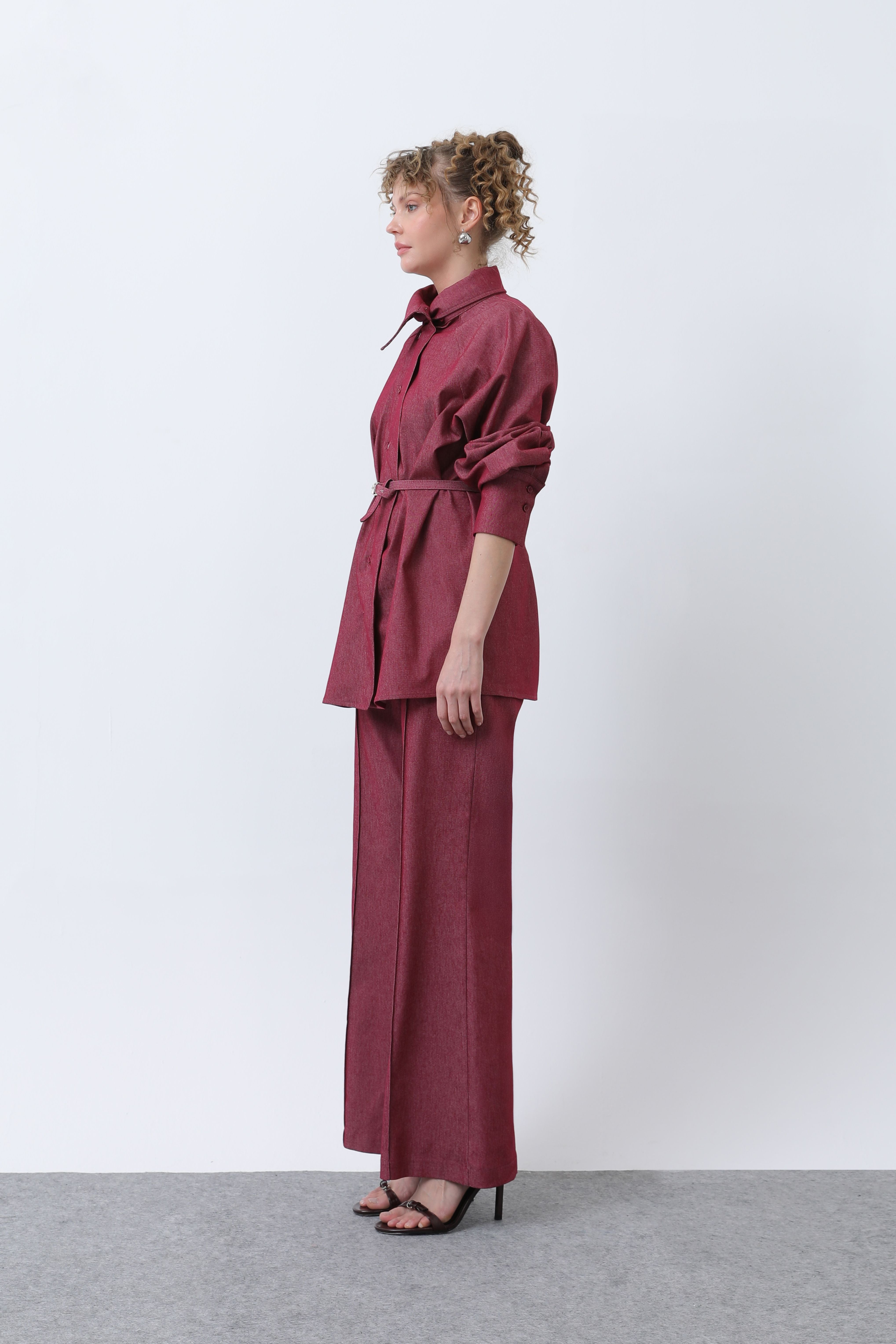 Kadın Kruvaze Yaka Kemer Detaylı Pantolonlu Denim Takım - 20652TKS