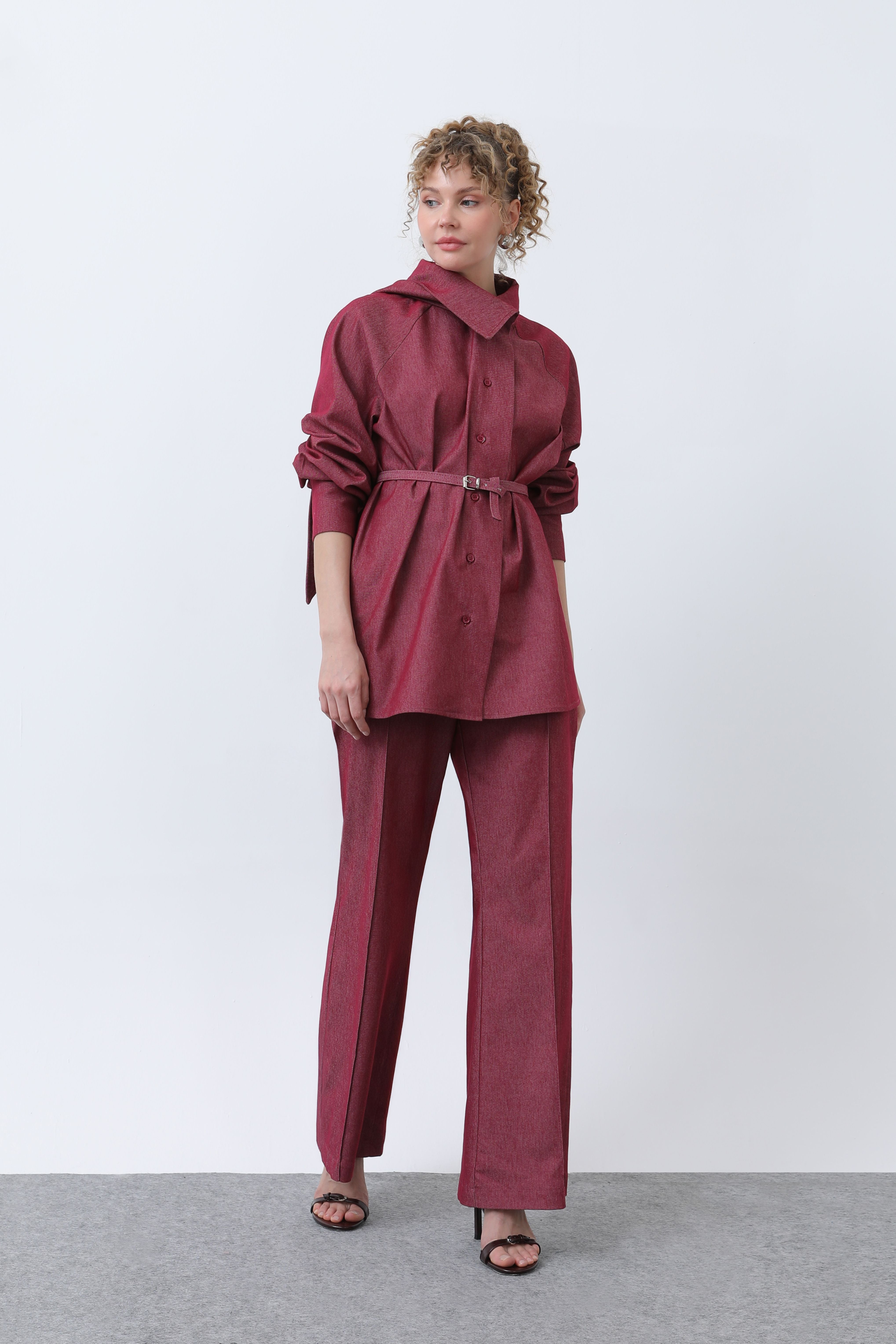 Kadın Kruvaze Yaka Kemer Detaylı Pantolonlu Denim Takım - 20652TKS