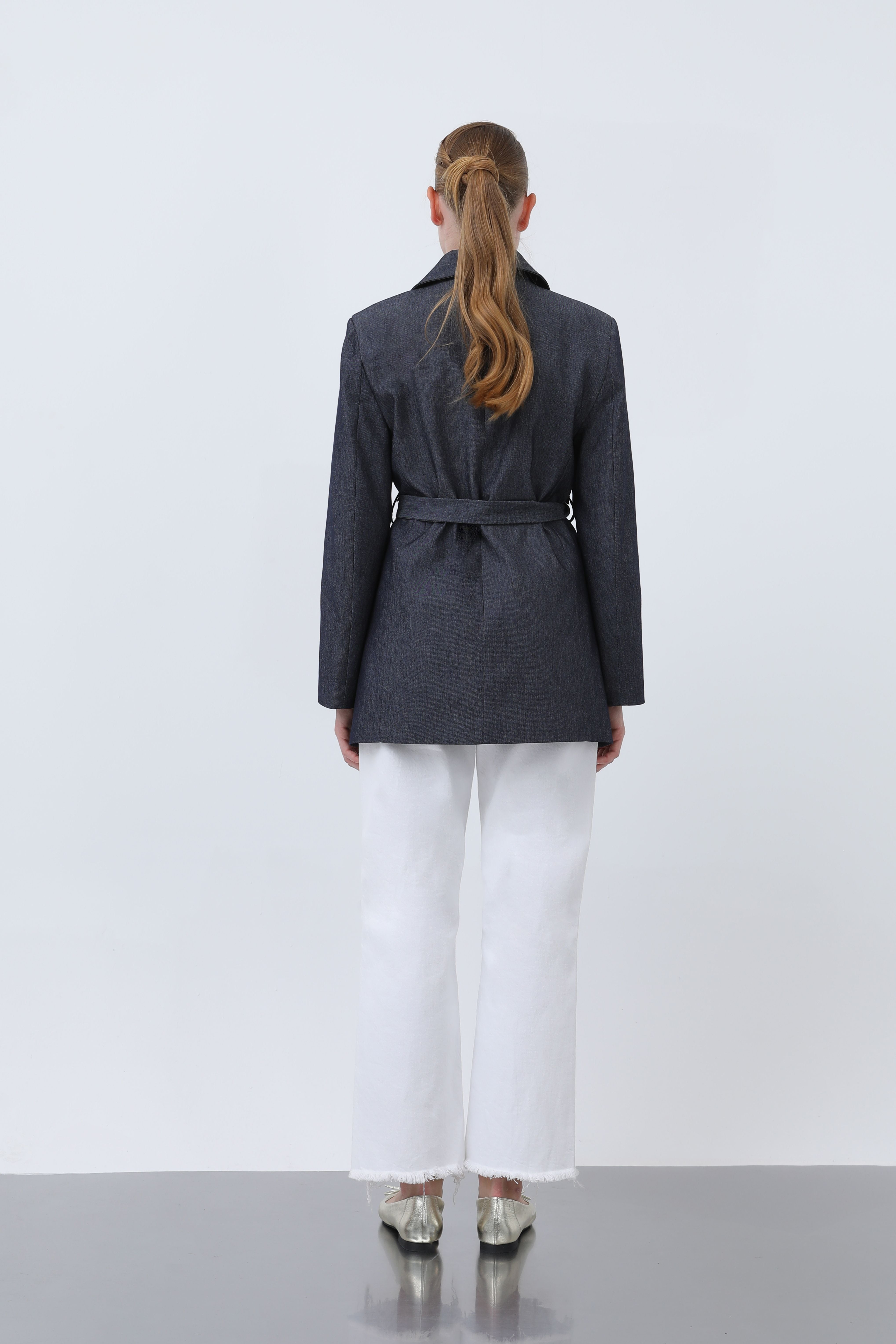 Kadın Kuşak Detaylı Vatkalı Denim Blazer Ceket - 20653CKT