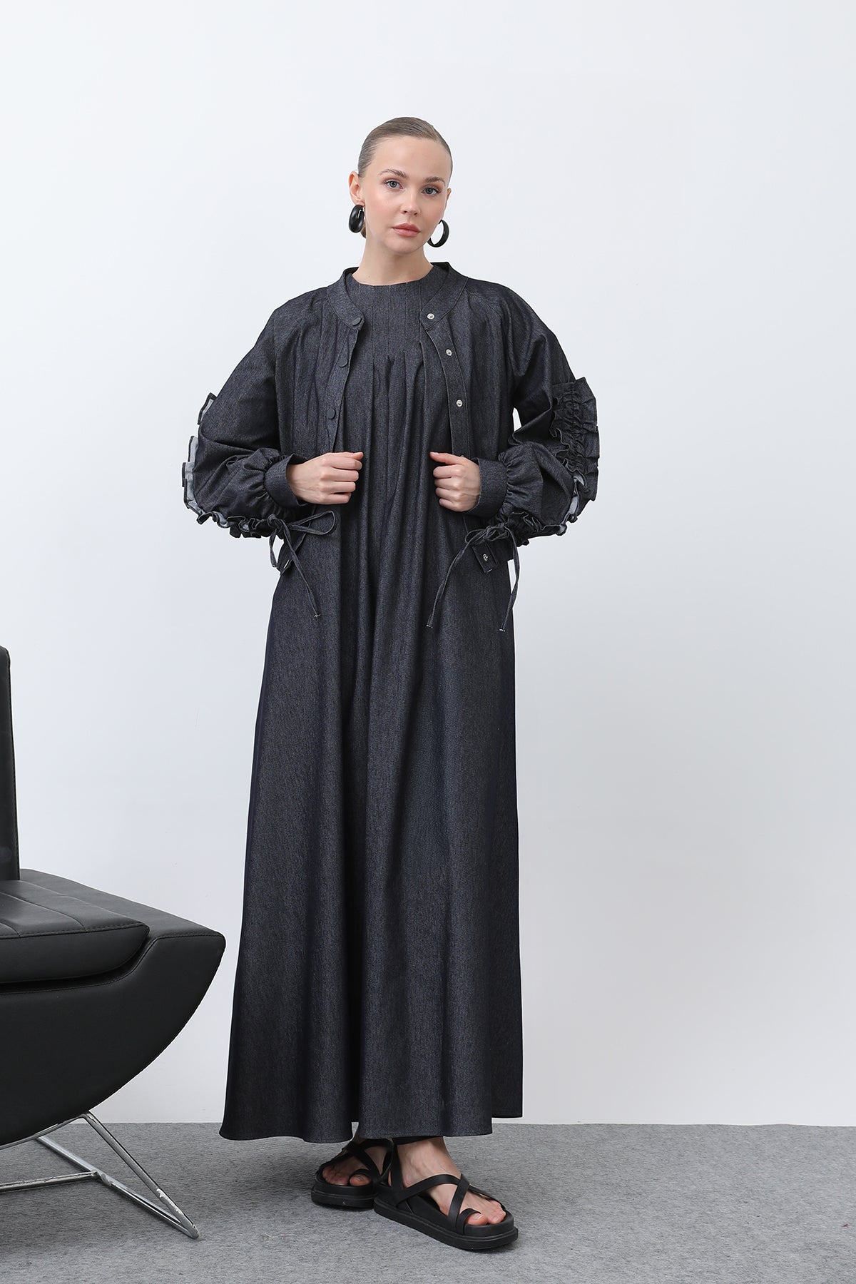 Kadın Kolları Volan Detaylı Ceket Elbise Takım -20654TKS