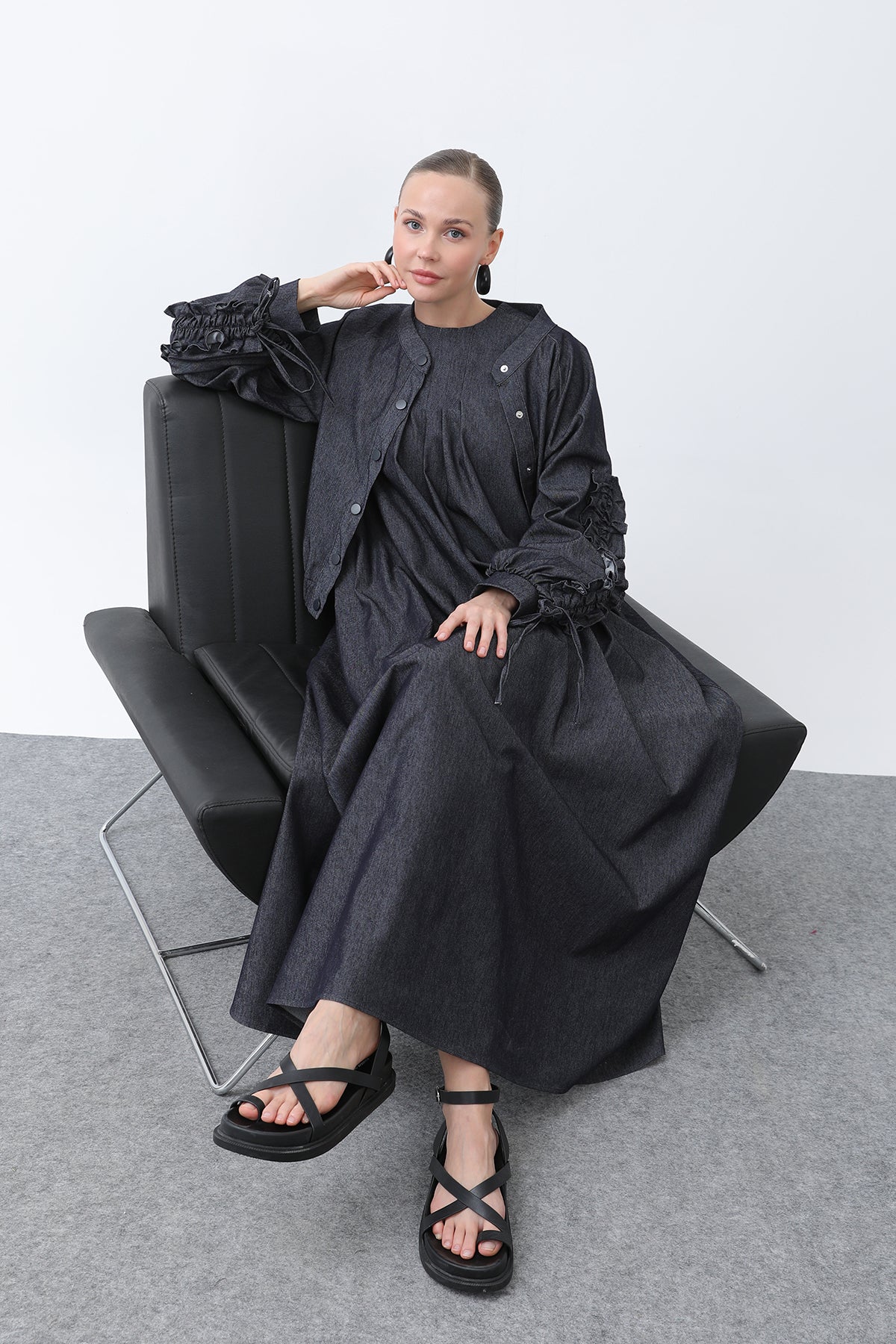 Kadın Kolları Volan Detaylı Ceket Elbise Takım -20654TKS